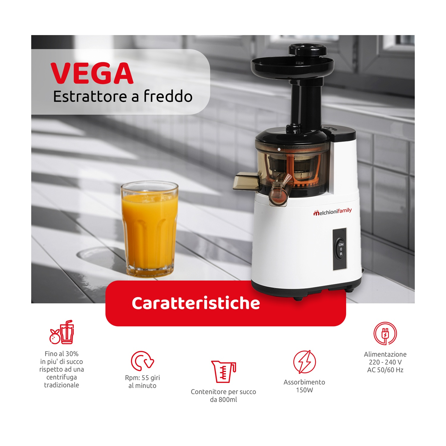 Estrattore di succo a freddo bianco e nero con succo d'arancia in un bicchiere. Caratteristiche e specifiche.