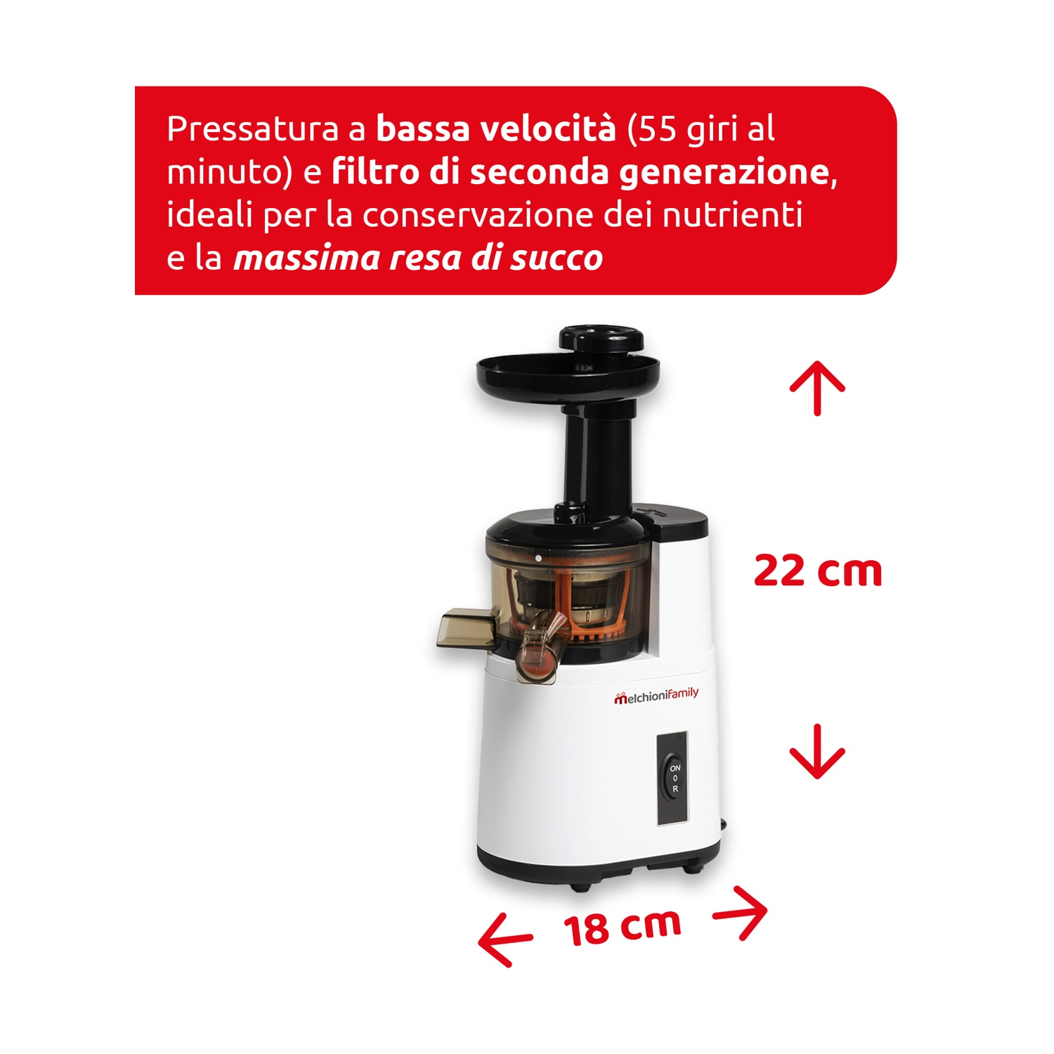 Centrifuga bianca e nera con dimensioni. Frecce puntano a 18 e 22 cm.