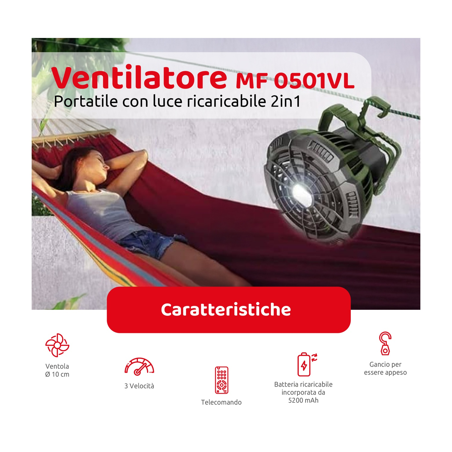 Ventilatore con luce appeso a un'amaca. Le caratteristiche sono mostrate sotto.