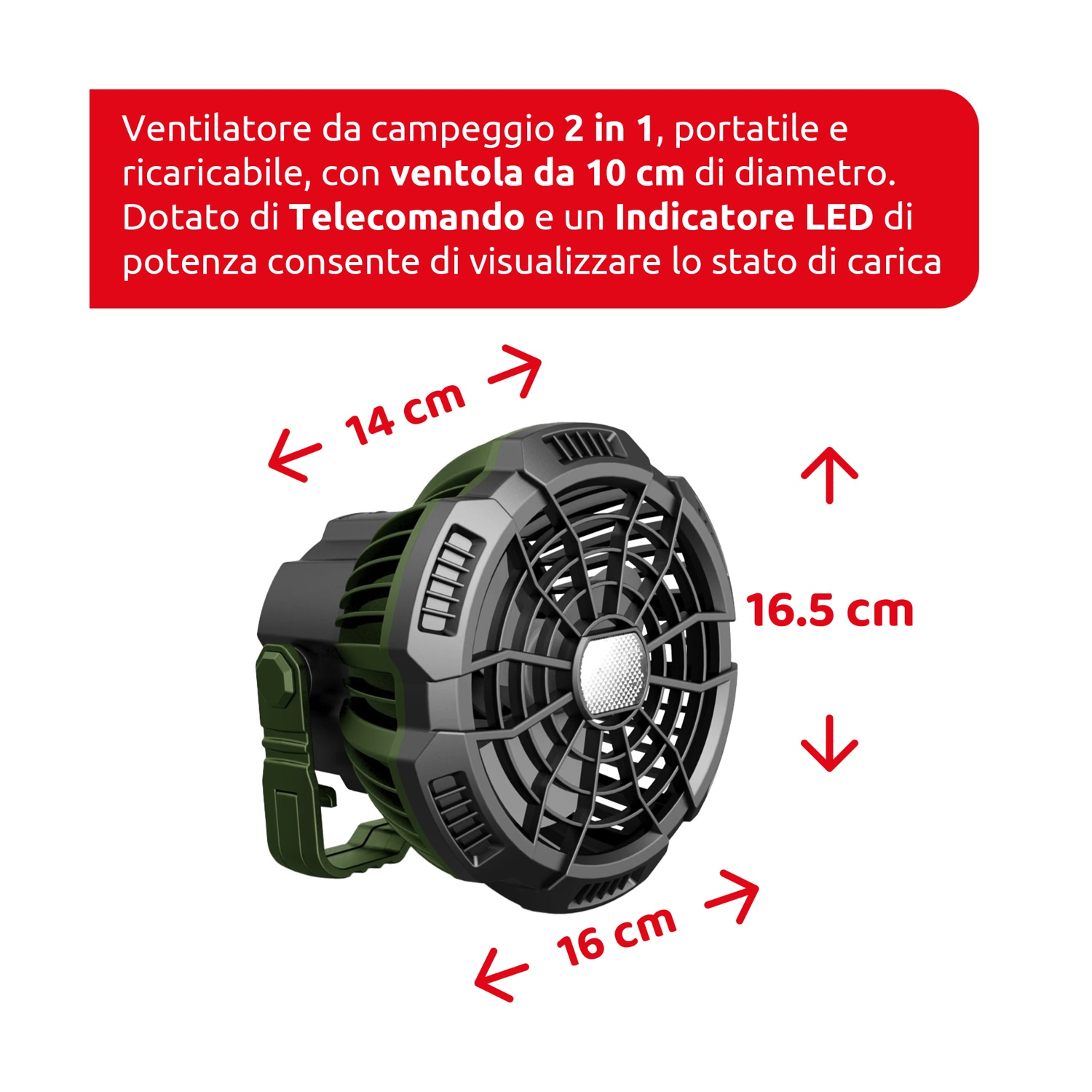 Ventilatore portatile nero e grigio con misure. Le dimensioni sono fornite in centimetri.