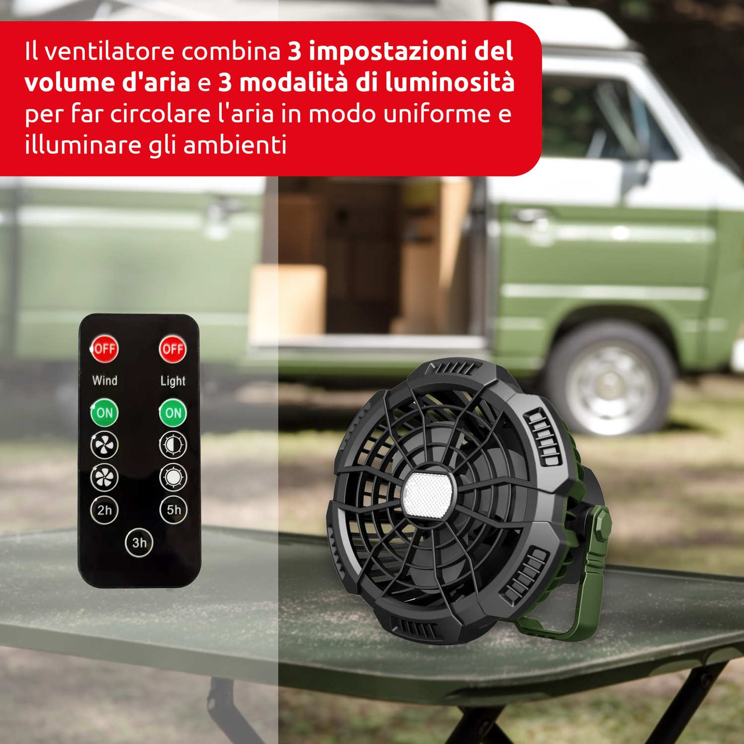 Ventilatore portatile nero e verde, telecomando su un tavolo e un furgone.
