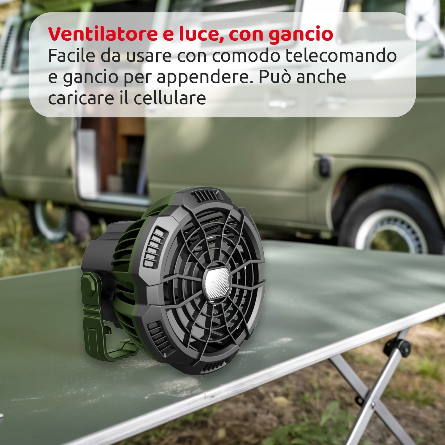 Ventilatore nero su un tavolo. Testo italiano sopra, con un furgone verde sullo sfondo.