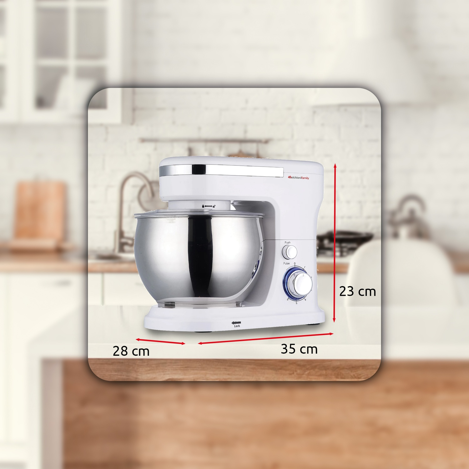 Impastatrice bianca con ciotola in acciaio inox. Le dimensioni sono indicate in cm.