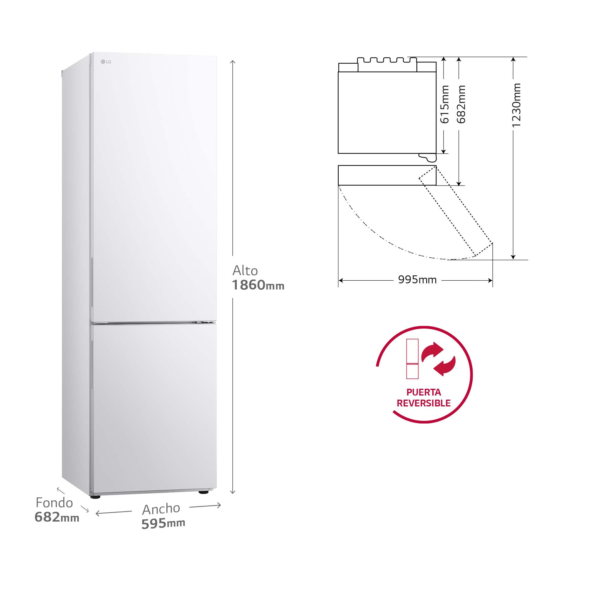Refrigerador LG blanco con dimensiones. Incluye un icono de puerta reversible.
