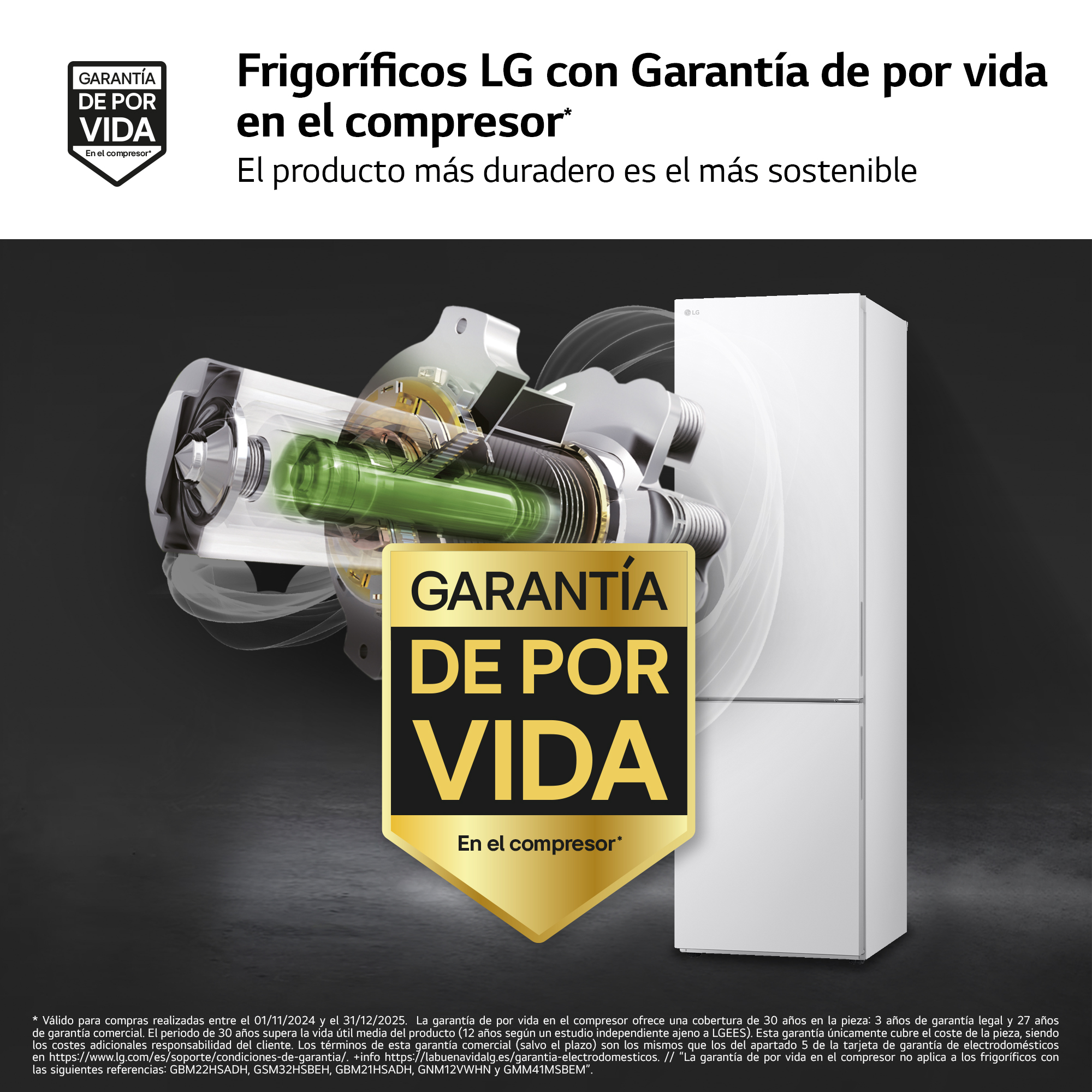 Un anuncio de frigoríficos LG, con texto sobre la garantía de por vida del compresor y un frigorífico visible.