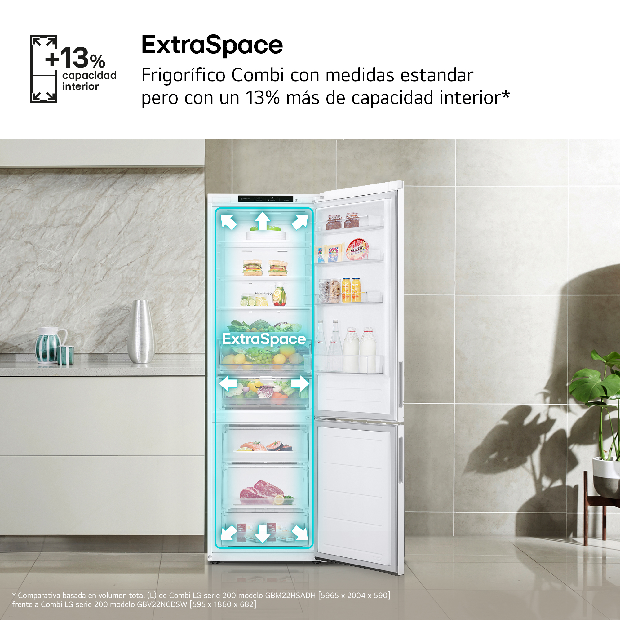 Refrigerador abierto que muestra ExtraSpace y compartimentos etiquetados. El texto superior dice ExtraSpace.