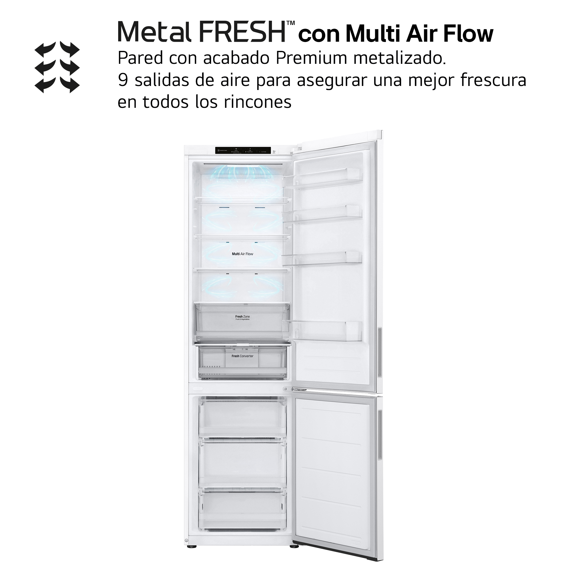 Un refrigerador blanco con puertas abiertas que muestra el interior. Texto 'Metal FRESH' con indicadores de flujo de aire.