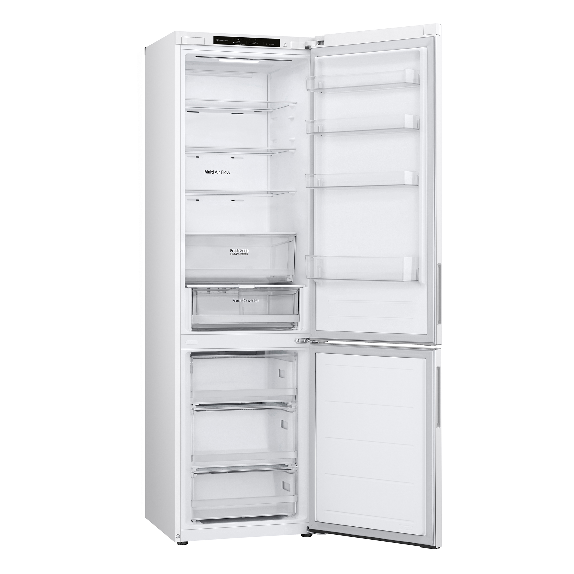 Refrigerador blanco con puertas abiertas, mostrando estantes y cajones.
