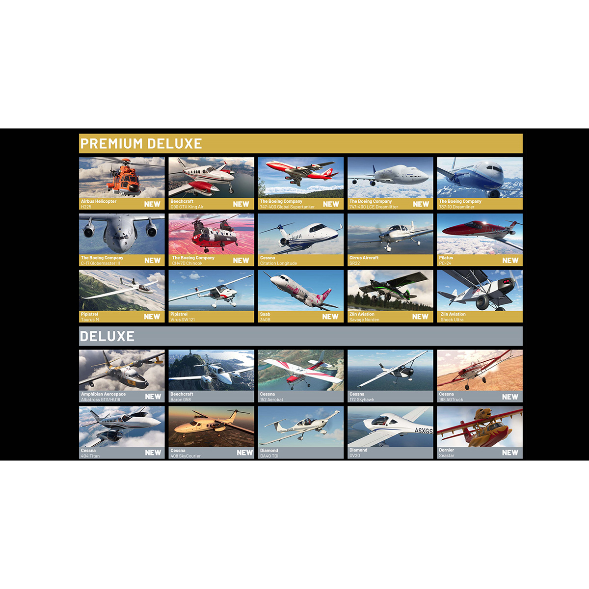 Una colección de imágenes de aviones con la etiqueta de categoría 'Premium Deluxe' y 'Deluxe'.
