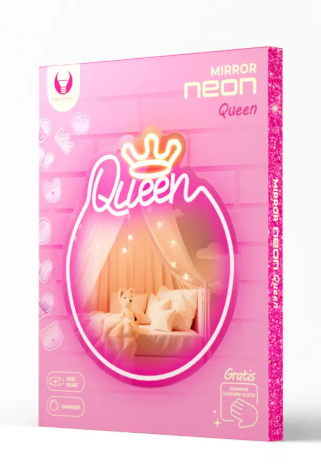 Opakowanie produktu z różowym tłem, neonowym lustrem i słowem Queen.