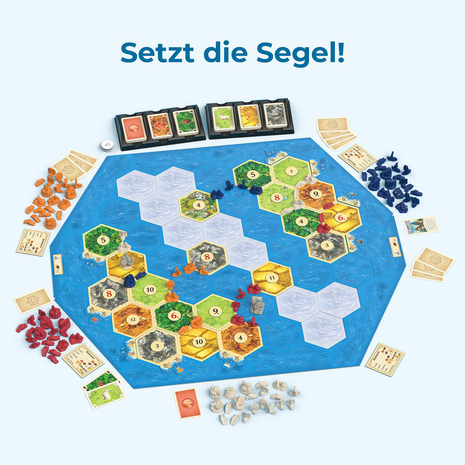 Brettspiel mit Spielsteinen und Text 'Setzt die Segel!'.