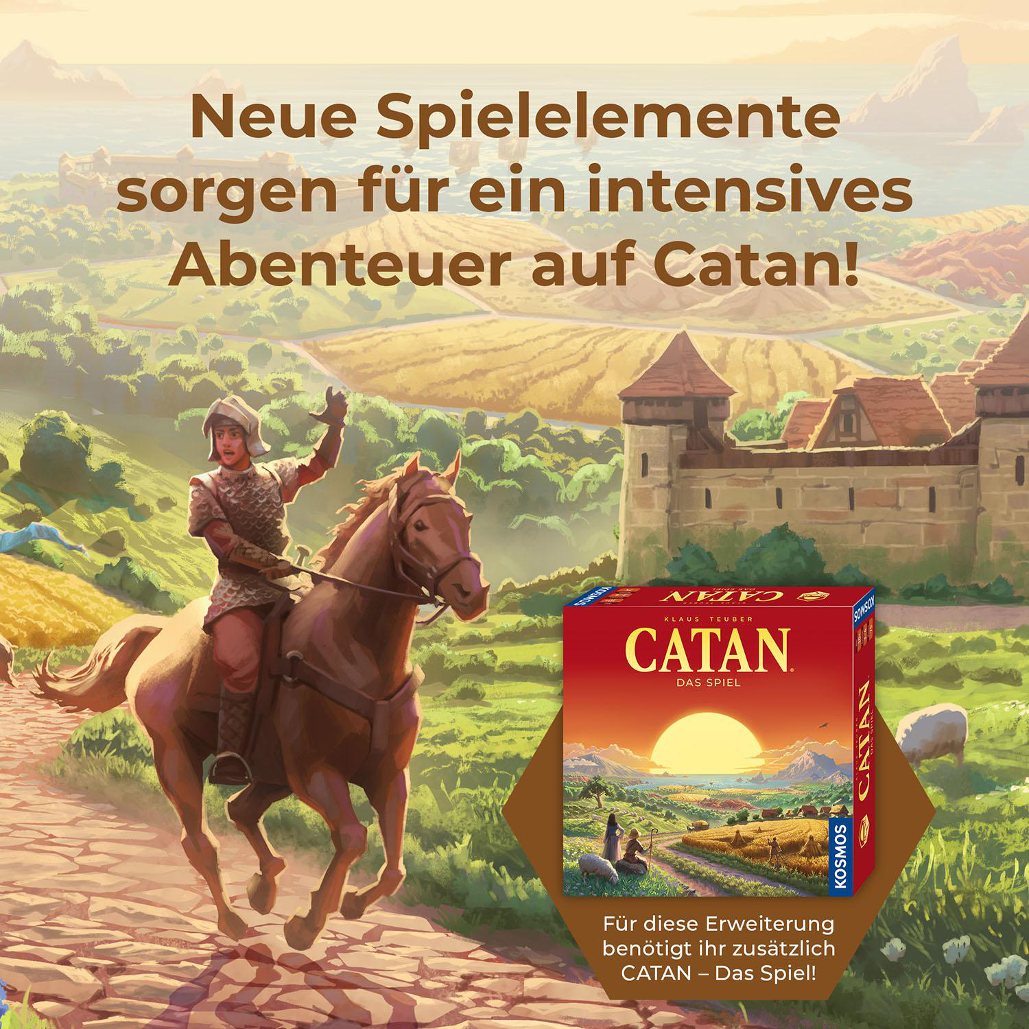 Ein Ritter auf einem Pferd reitet auf ein Schloss zu, Catan-Spielbox im Vordergrund, sonnige Landschaft.