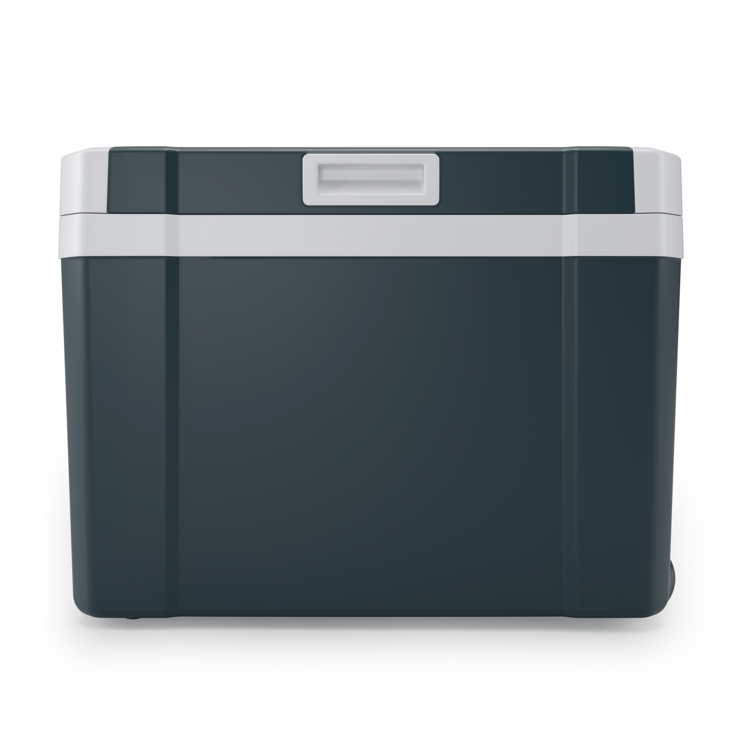 A dark blue cooler with a white handle and trim. It has a rectangular shape, sitting on a white surface.