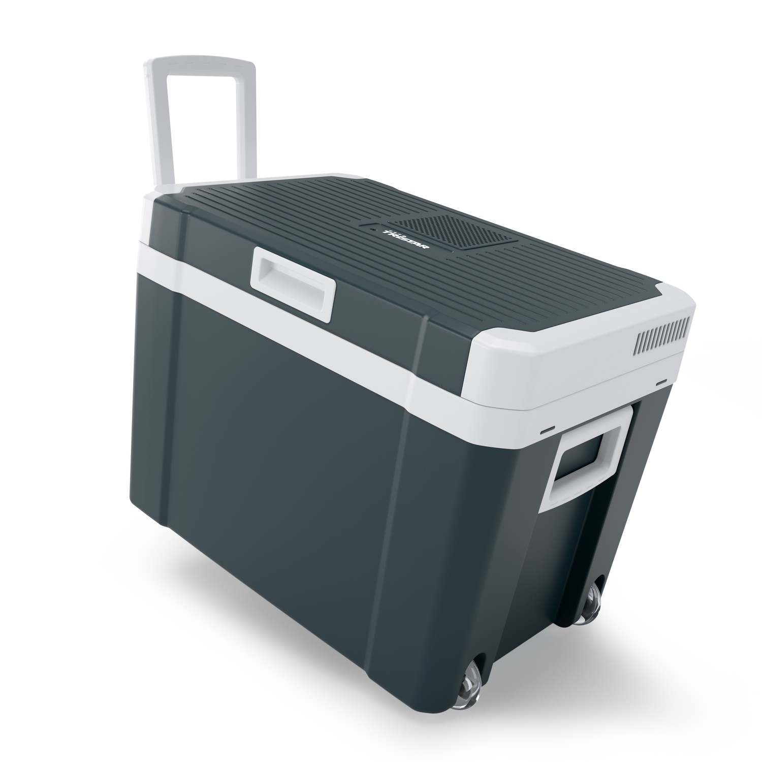 A dark gray cooler with white accents and a pull-up handle. It has wheels, a top vent, and a white handle on the side.