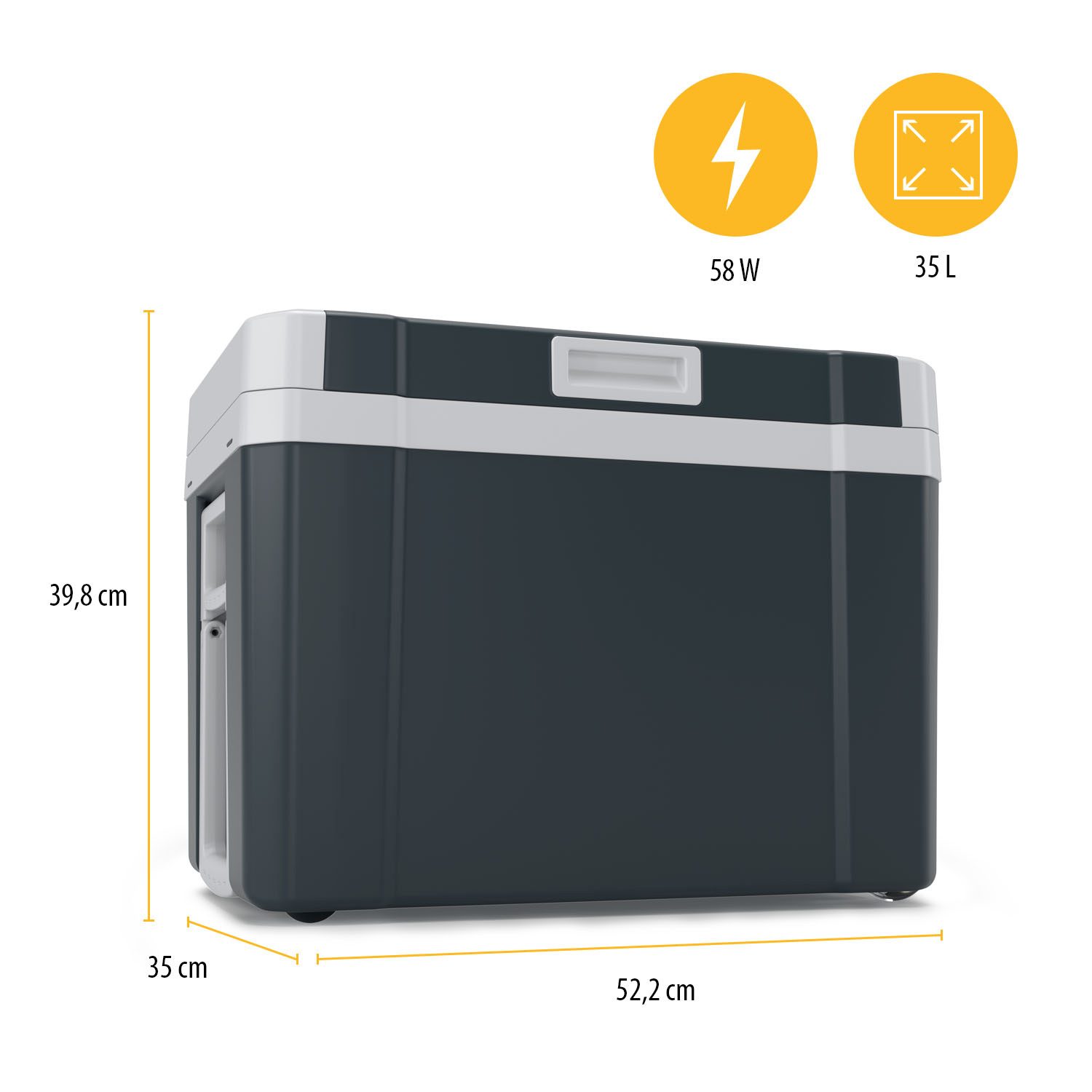 A gray cooler with white trim and dimensions labeled. Two icons show 58W and 35L. Measurements: 52.2cm x 35cm x 39.8cm.