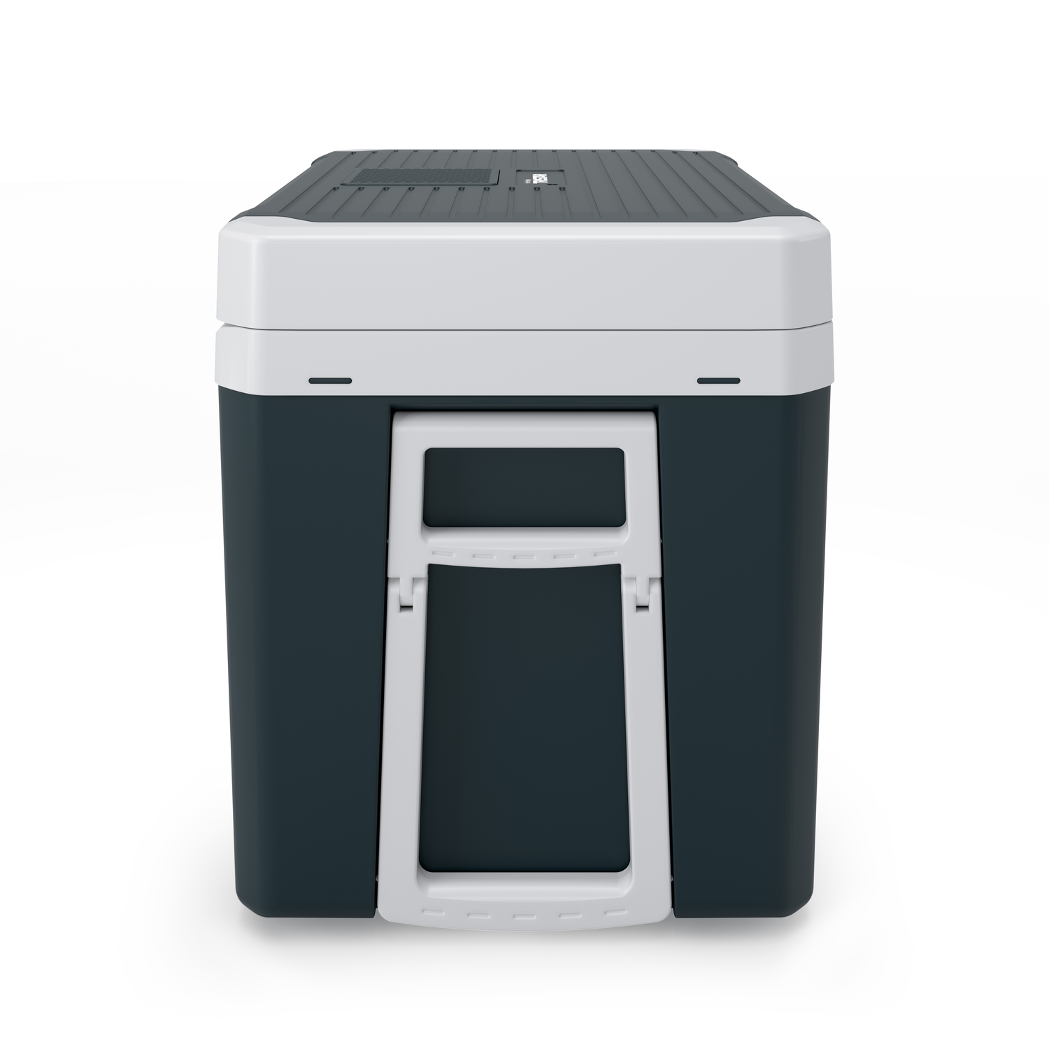 A rectangular cooler box, dark blue with a white top and handle. The lid is gray. The background is white.