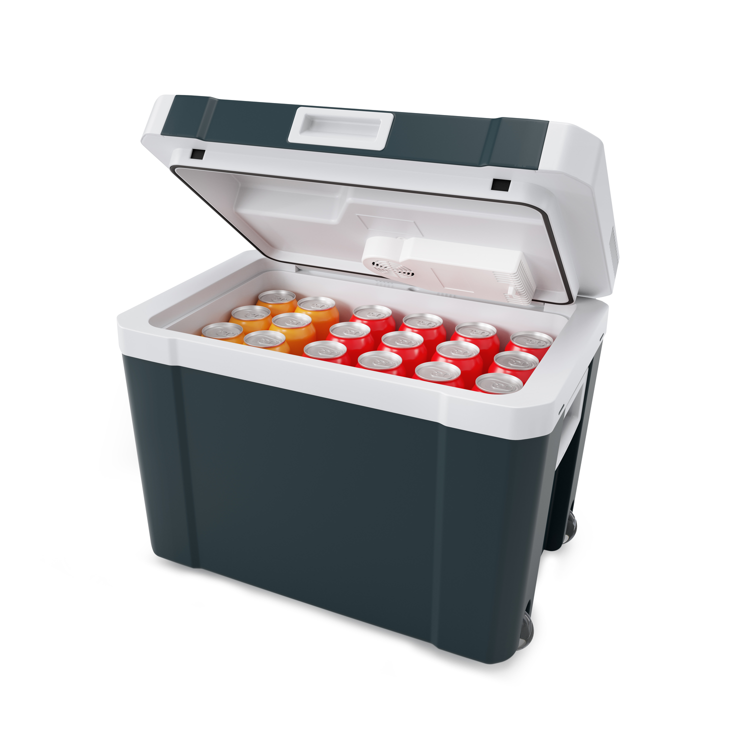 An open cooler filled with cans of soda. Red and orange cans are visible. The cooler is dark grey with a white lid, on a white background.