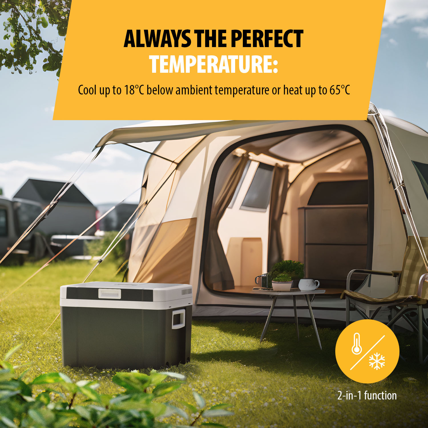 An outdoor scene features a cooler, tent, and camping gear. The image promotes temperature control, with text about cooling and heating.