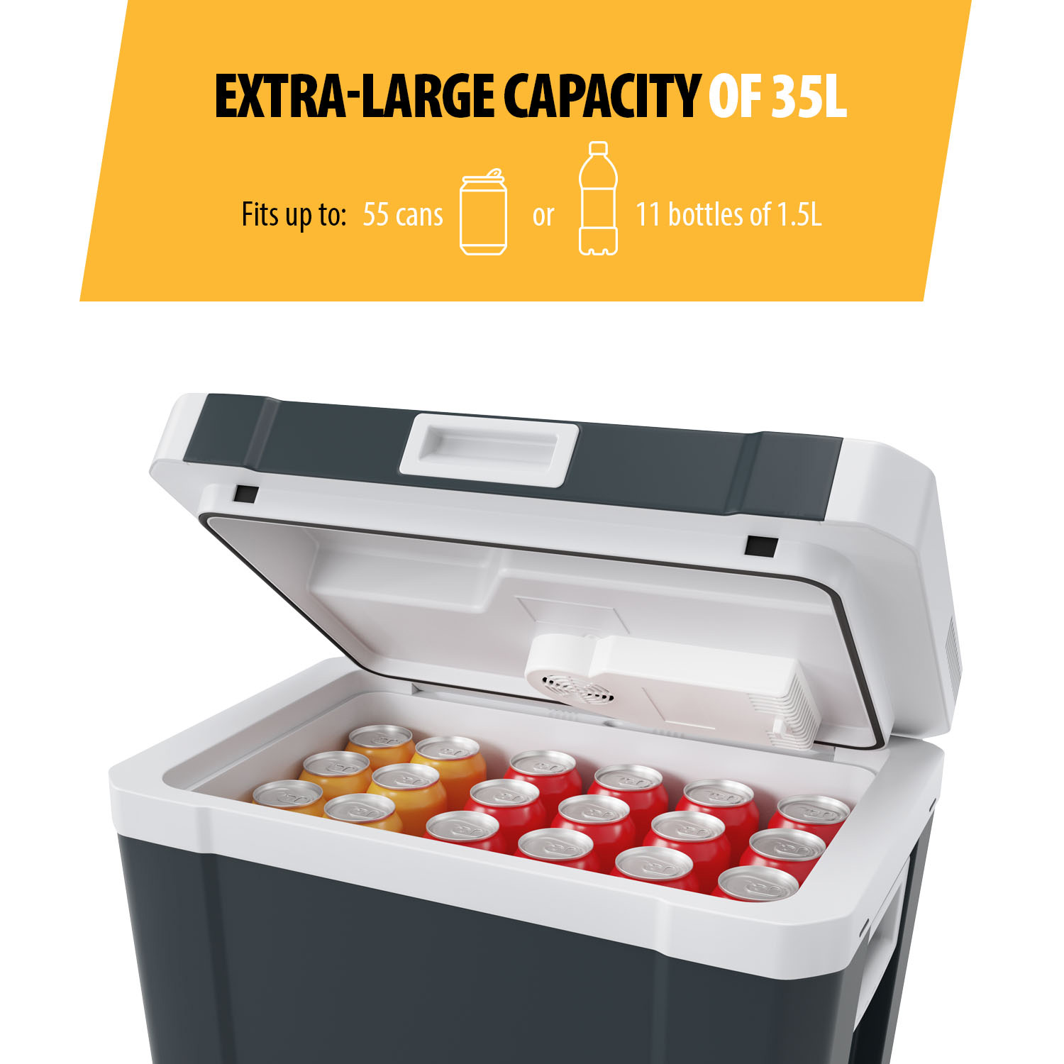 An open cooler with cans inside. Text above says extra-large capacity of 35L. Fits 55 cans or 11 bottles of 1.5L.