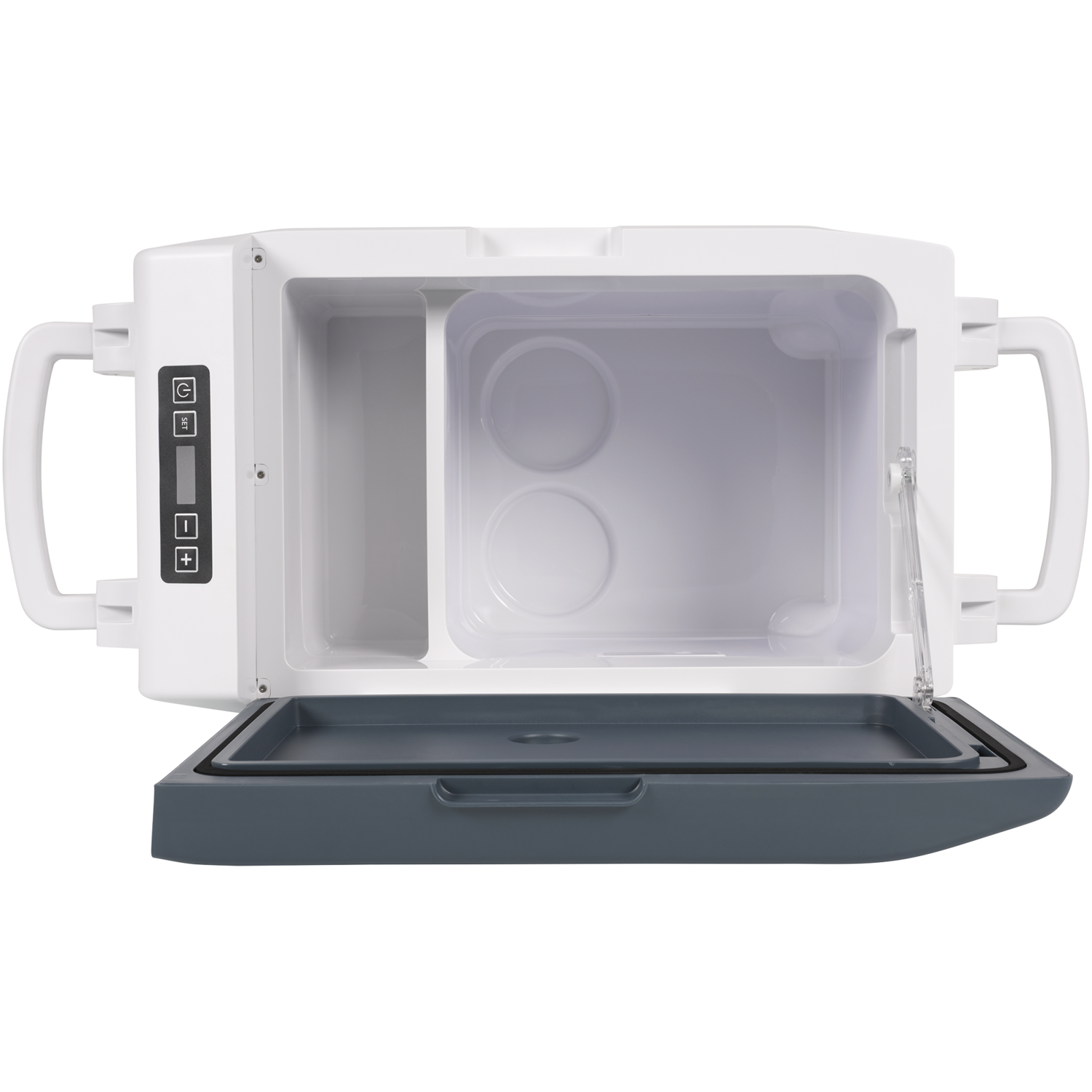 Glacière portable blanche avec couvercle gris ouvert, montrant les compartiments intérieurs. Poignées sur les côtés. Panneau de commande latéral.
