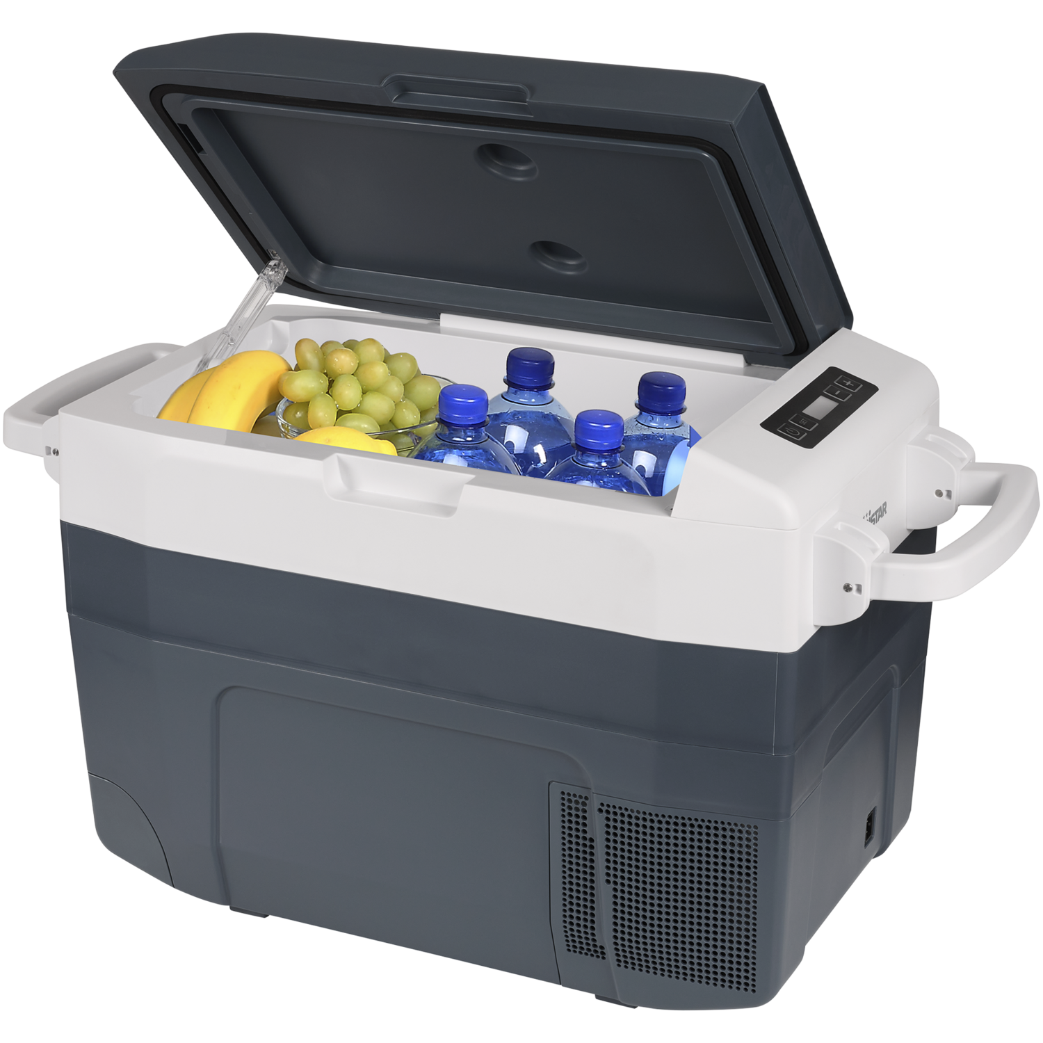 Une glacière portable ouverte avec des fruits et de l'eau en bouteille à l'intérieur. Elle a des couleurs blanches et grises et une poignée.