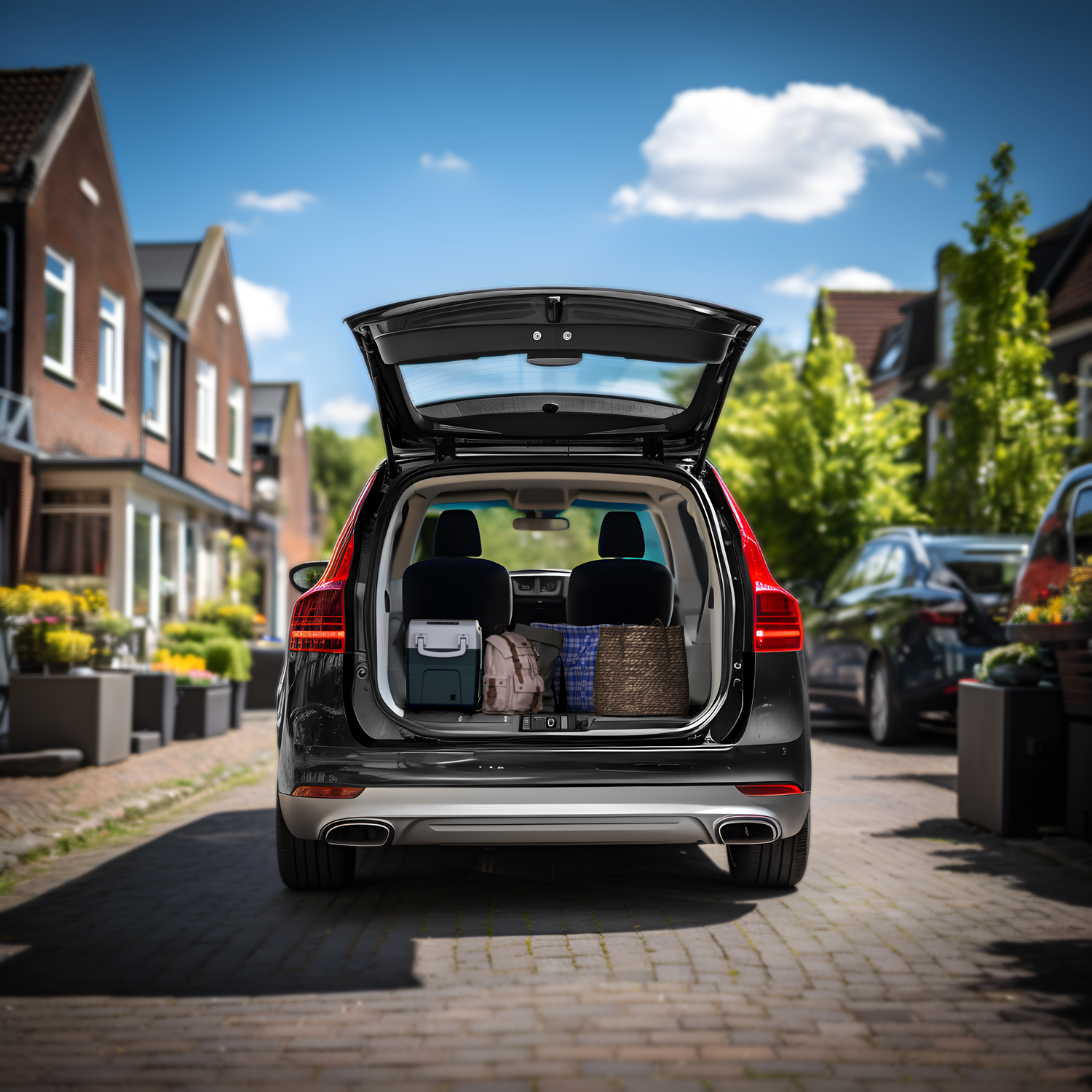 Coffre de voiture noire ouvert, rempli de bagages et d'une glacière. Maisons et ciel bleu en arrière-plan.