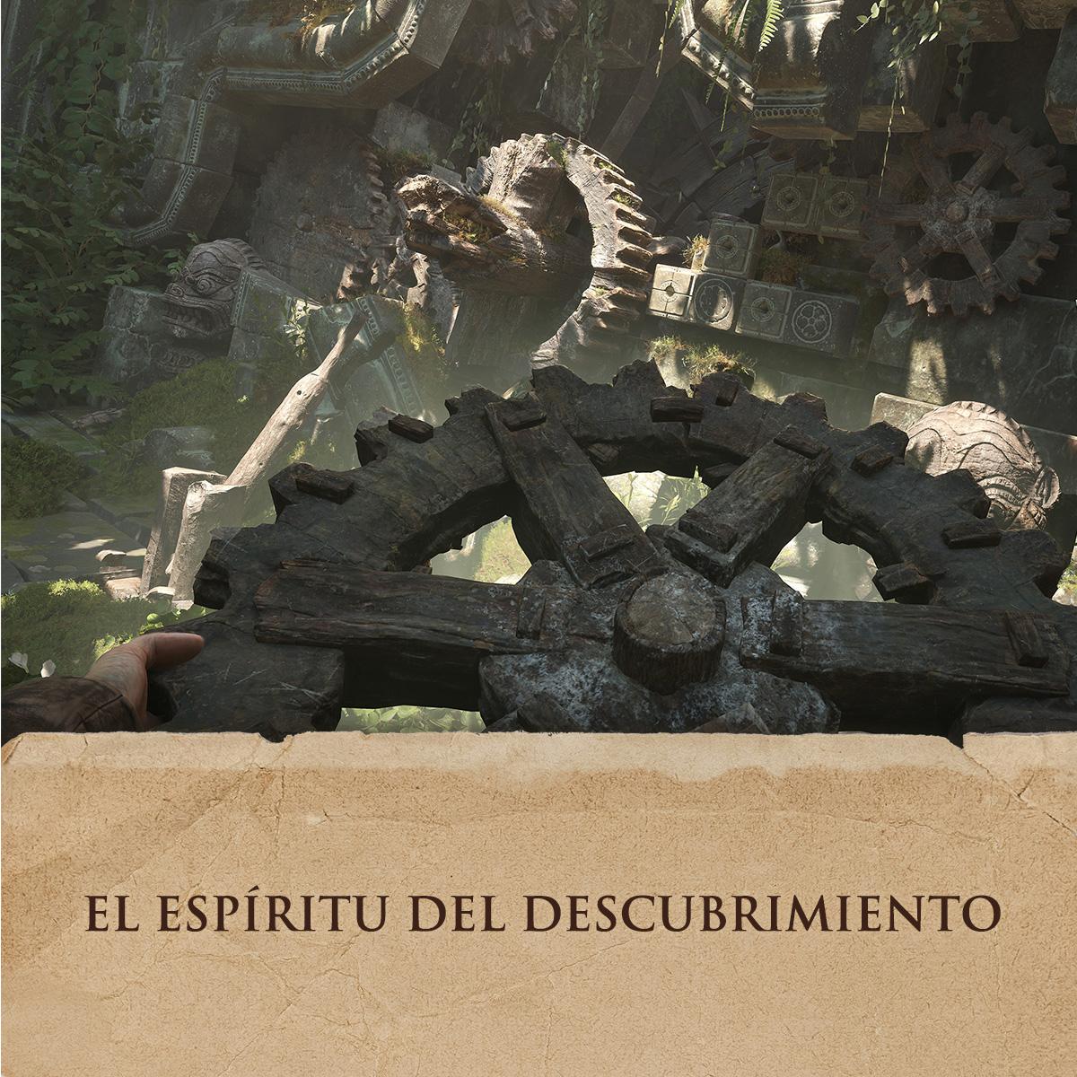 Una estructura de piedra con engranajes y texto en español: El Espíritu del Descubrimiento.
