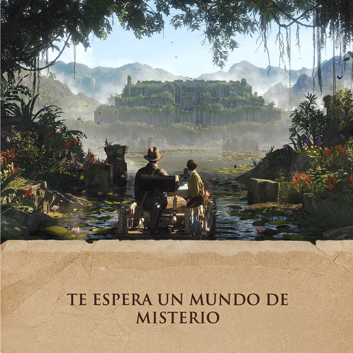 Dos personas en un carro, frente a una ruina en la jungla.