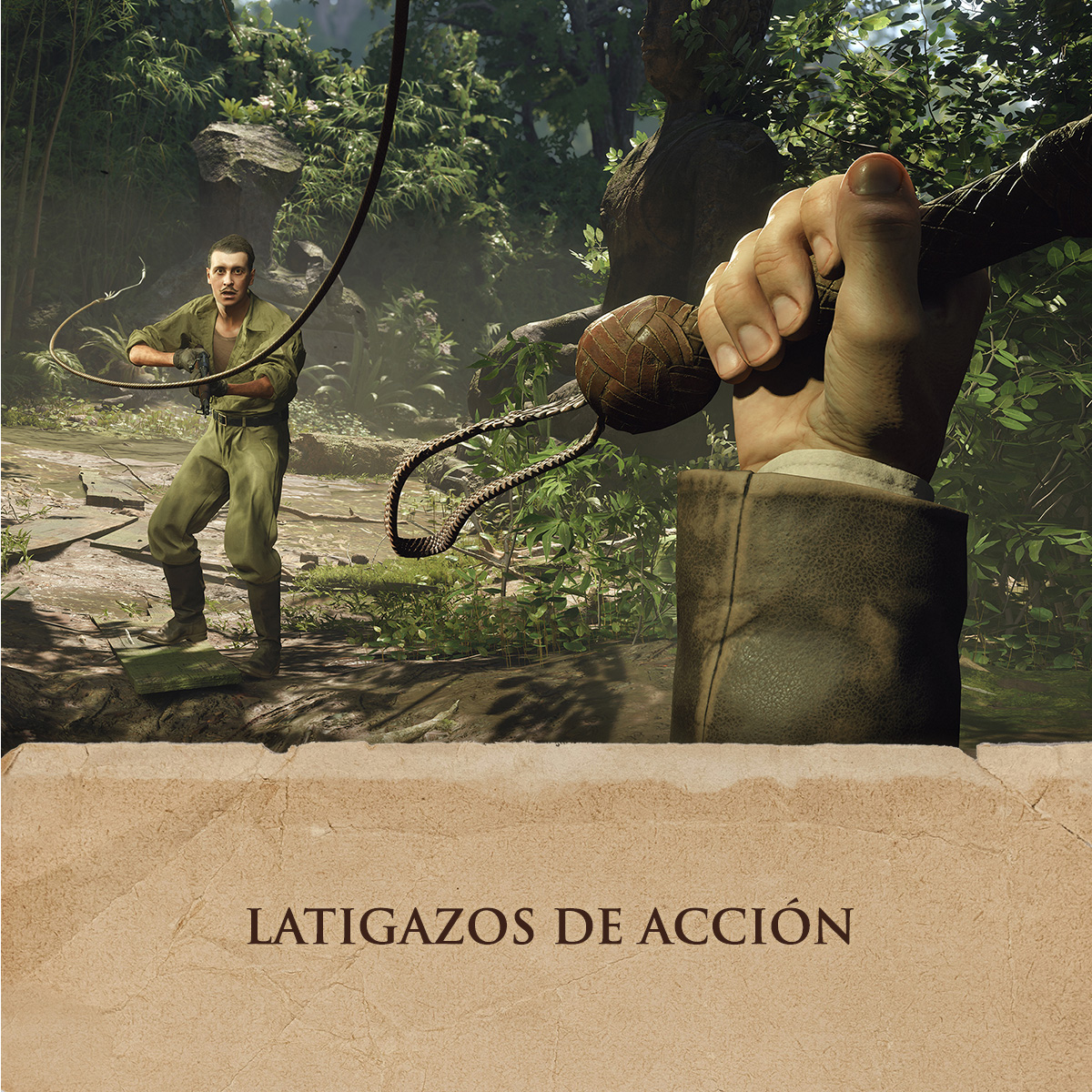 Mano sujetando un látigo en un entorno selvático, con un hombre con traje verde cerca.