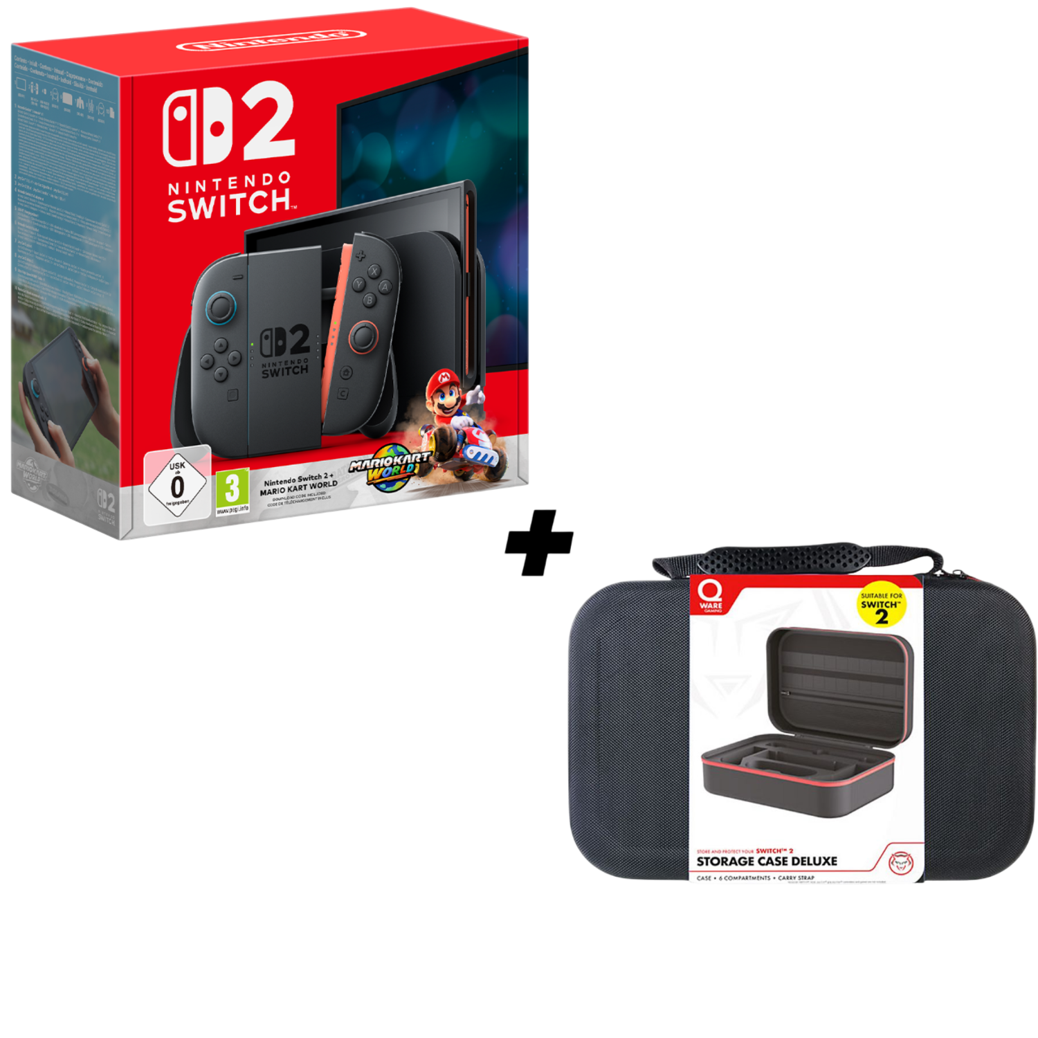 Une boîte rouge Nintendo Switch avec une console et des manettes, plus un étui de transport noir étiqueté "Storage Case Deluxe".