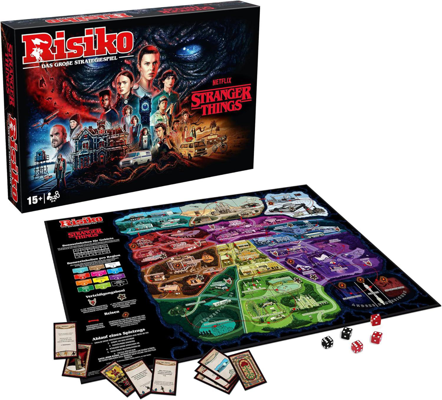 Stranger Things Risk-Brettspielset mit Spielbrett, Schachtel, Karten und Würfeln.