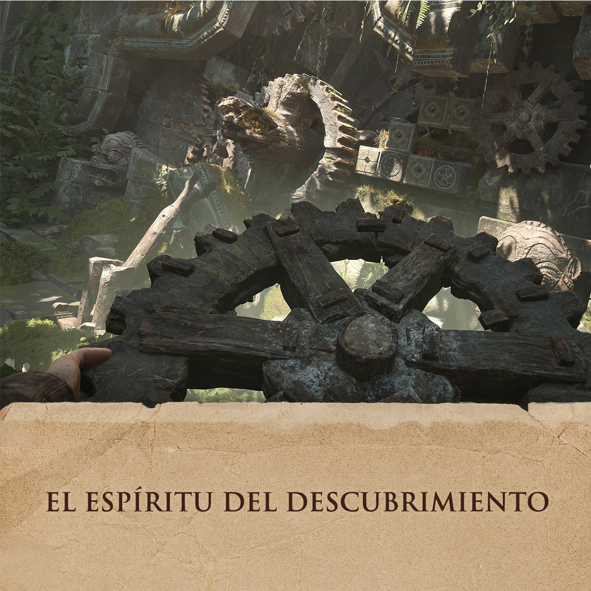 Una mano cerca de un gran engranaje de madera en un entorno antiguo y cubierto de musgo.