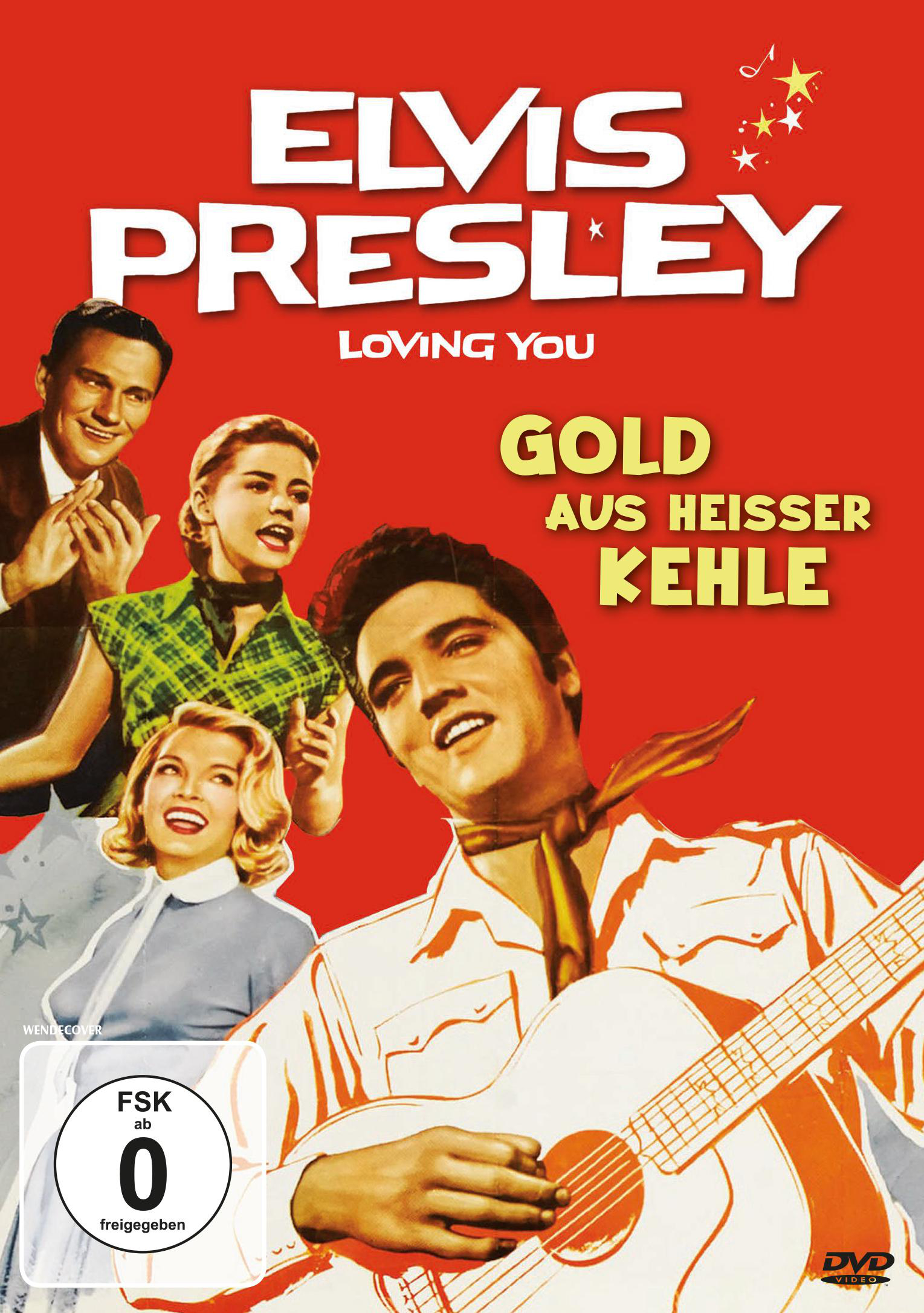 Elvis Presley Filmplakat, roter Hintergrund, Bilder von Elvis und anderen Schauspielern. Titel: Loving You, Gold aus heisser Kehle.