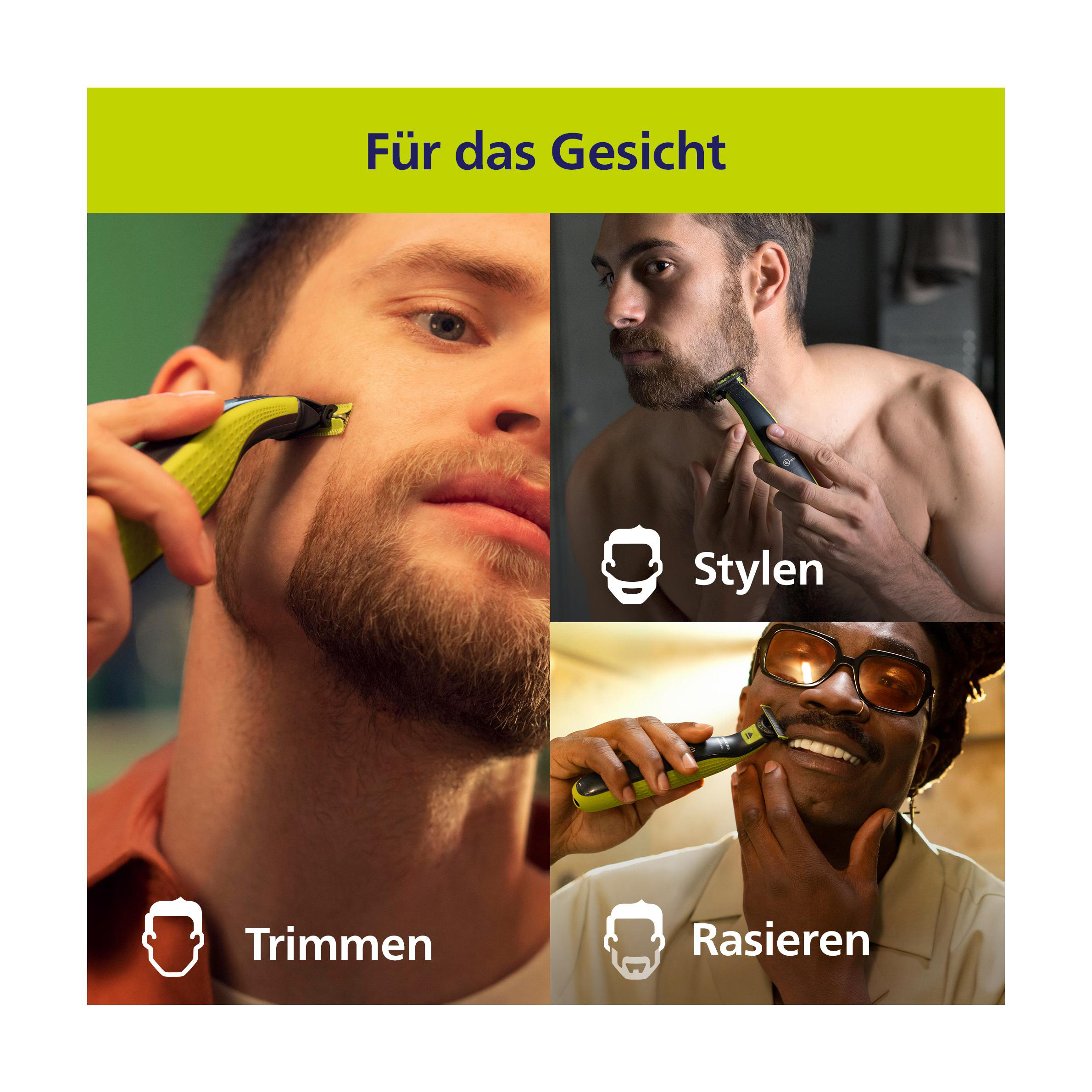 Männer rasieren sich mit einem grün-schwarzen Philips OneBlade. Zeigt Rasieren, Trimmen und Stylen.