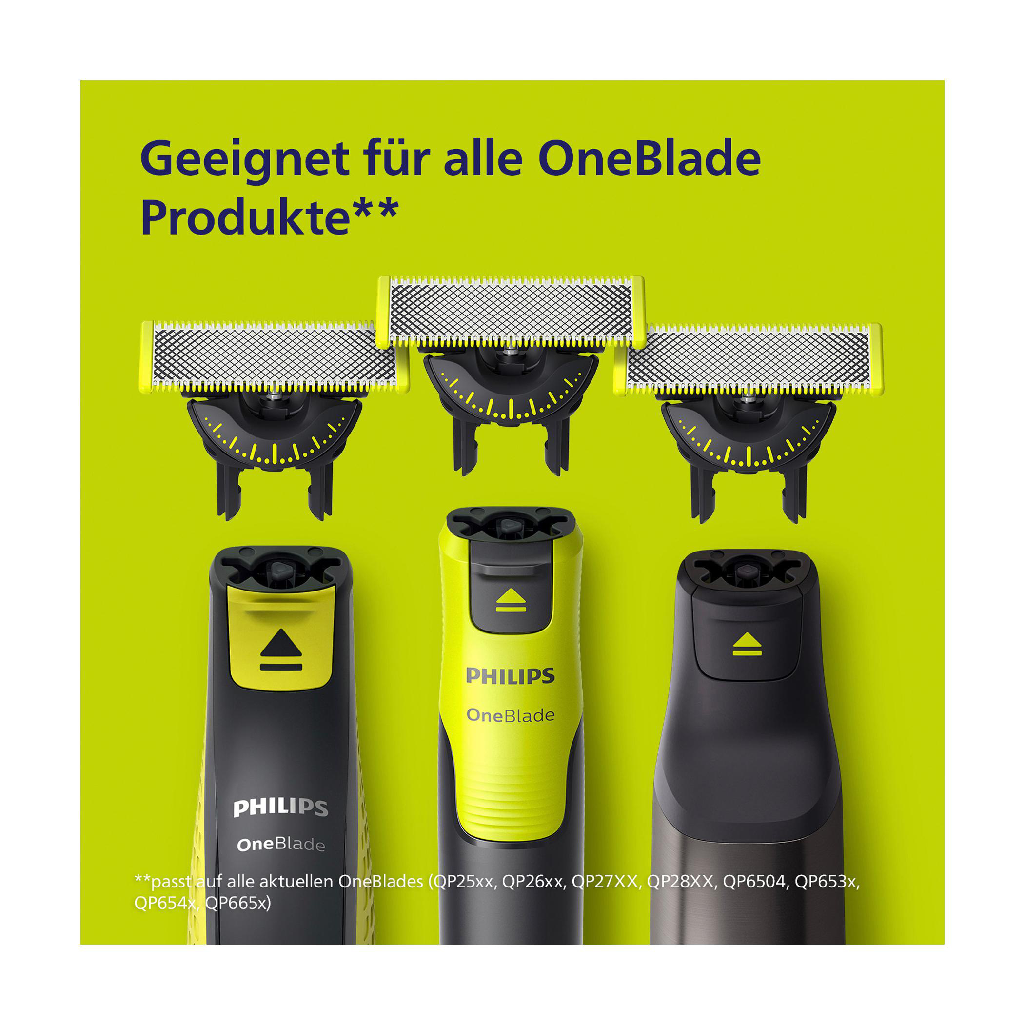Drei Philips OneBlade Rasierer und Ersatzklingen.