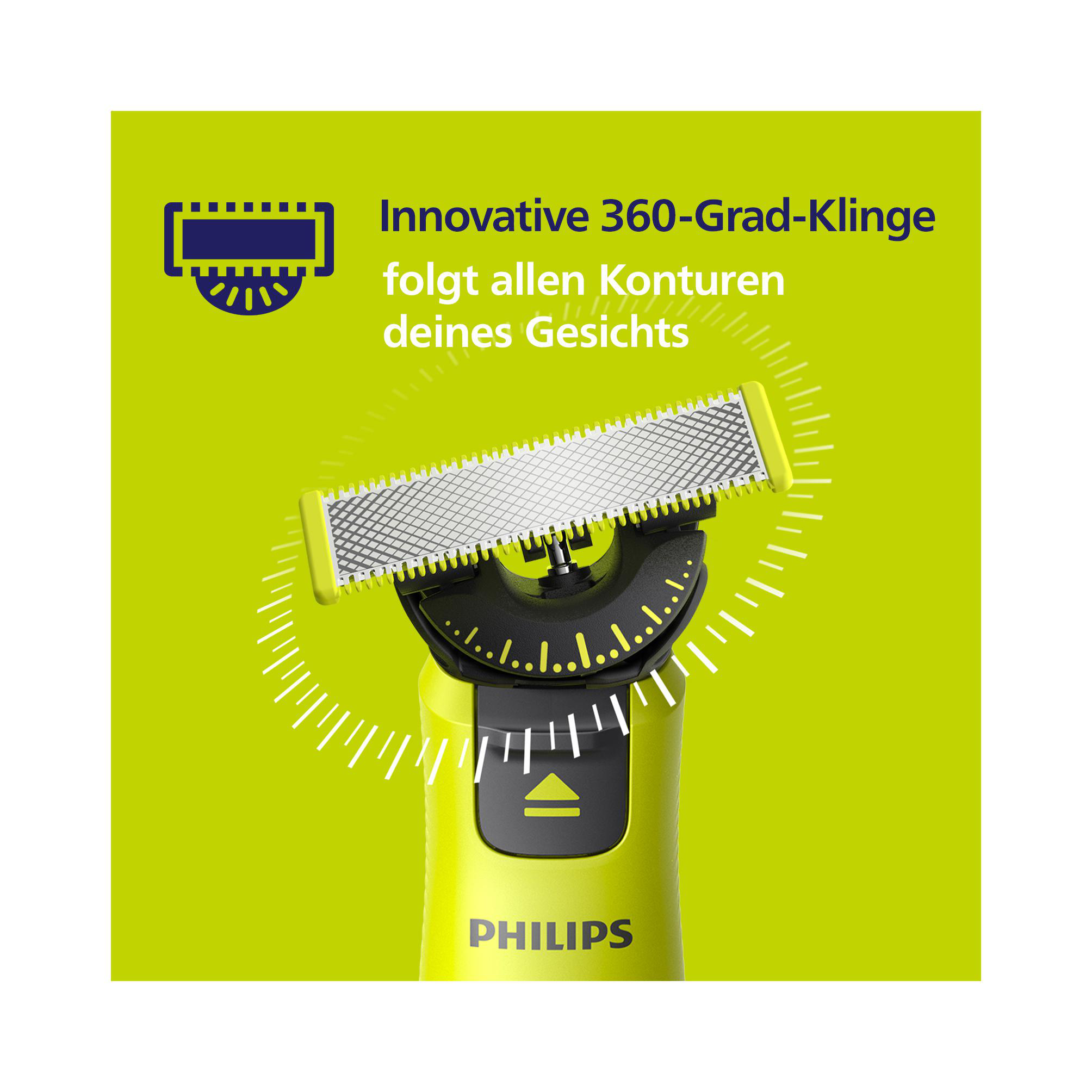 Limettengrüner Elektrorasierer mit Text: Innovative 360-Grad-Klinge folgt Konturen.