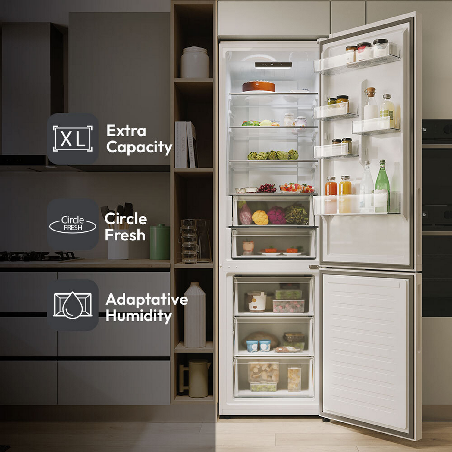 Refrigerador blanco abierto con alimentos, texto: XL Extra Capacity, Circle Fresh, Adaptive Humidity.
