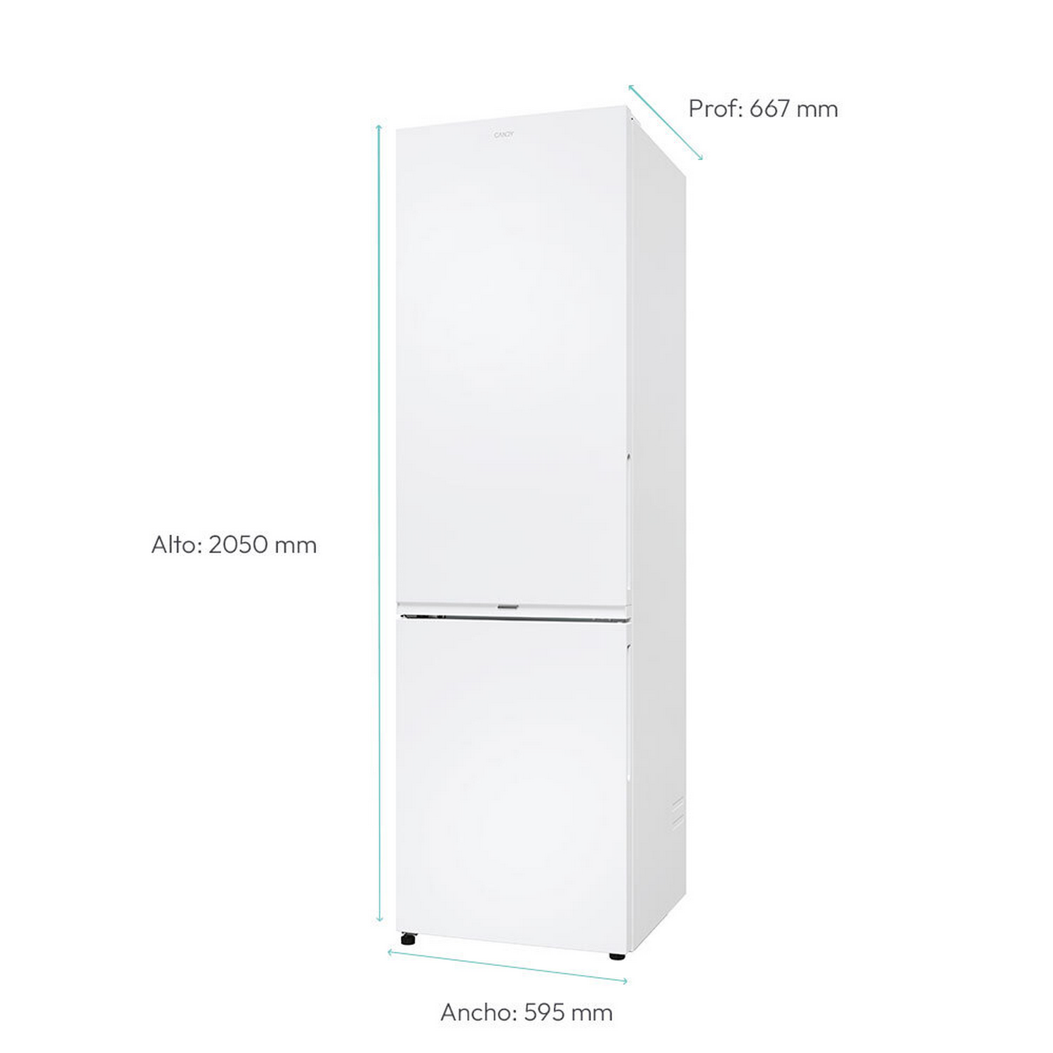 Refrigerador blanco de dos puertas con dimensiones etiquetadas. Alto: 2050 mm, Ancho: 595 mm, Prof: 667 mm.