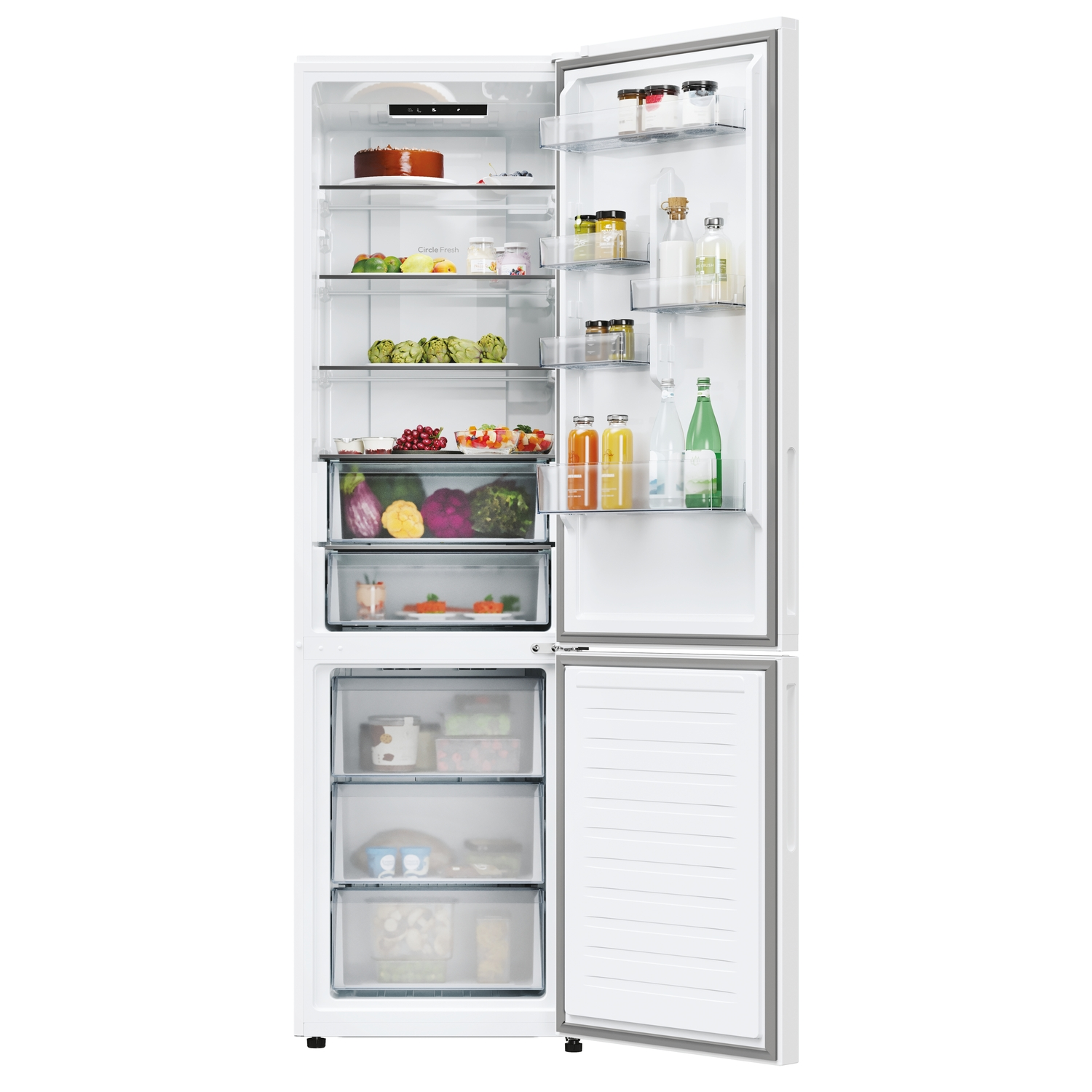 Refrigerador blanco abierto, con alimentos visibles.