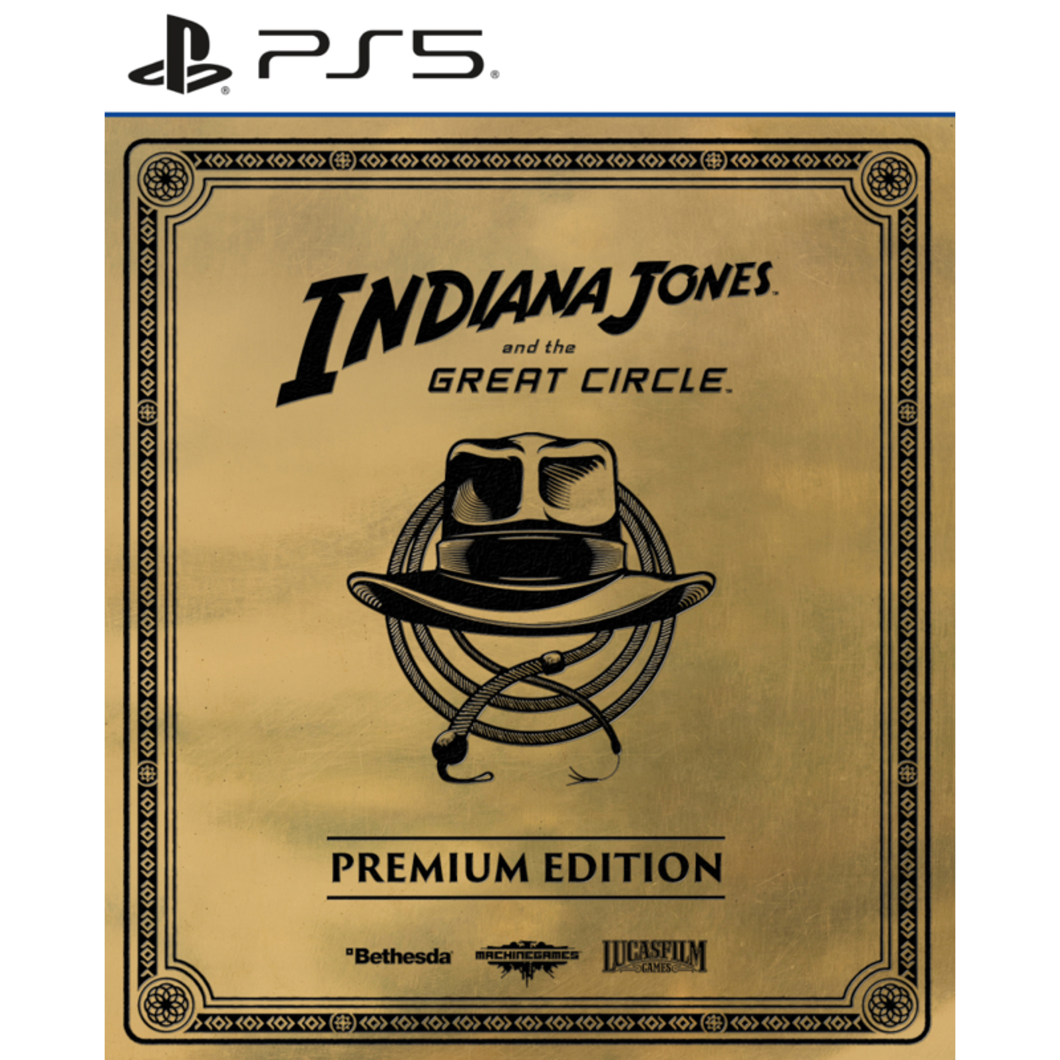 Gamecover met de titel Indiana Jones, een hoed en touwgrafiek op gouden achtergrond, PS5 logo.