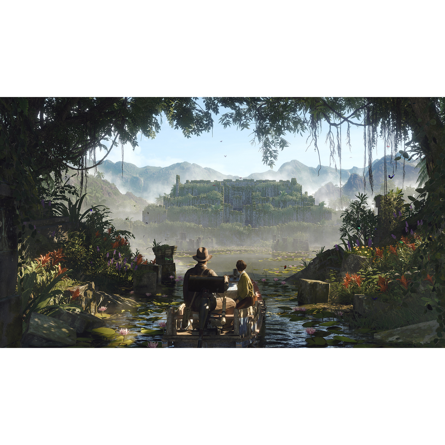Twee mensen in een boot op een rivier in een jungle, met een tempel op de achtergrond.