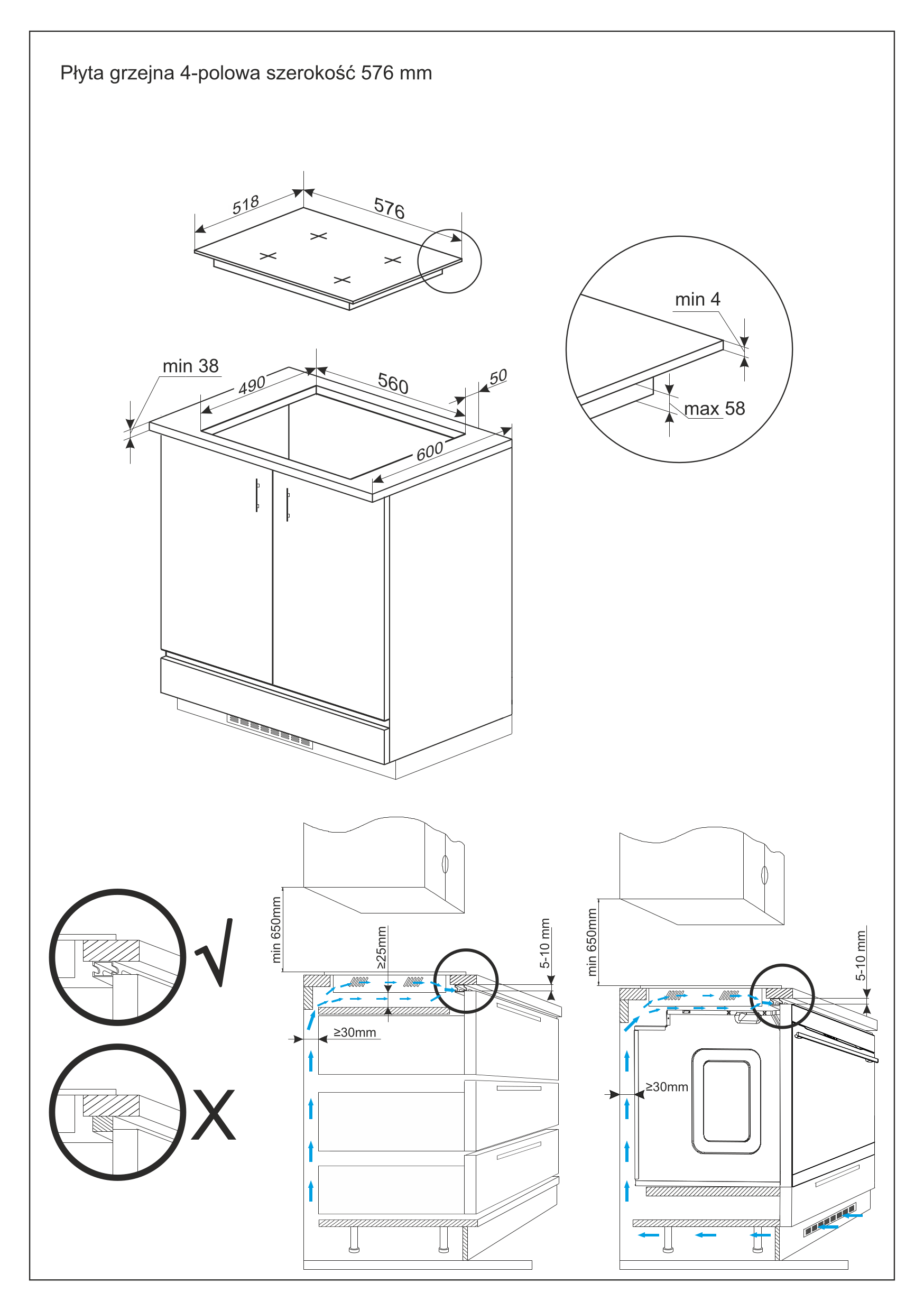 Főzőlap és szekrény diagramja, méretekkel és részletekkel.