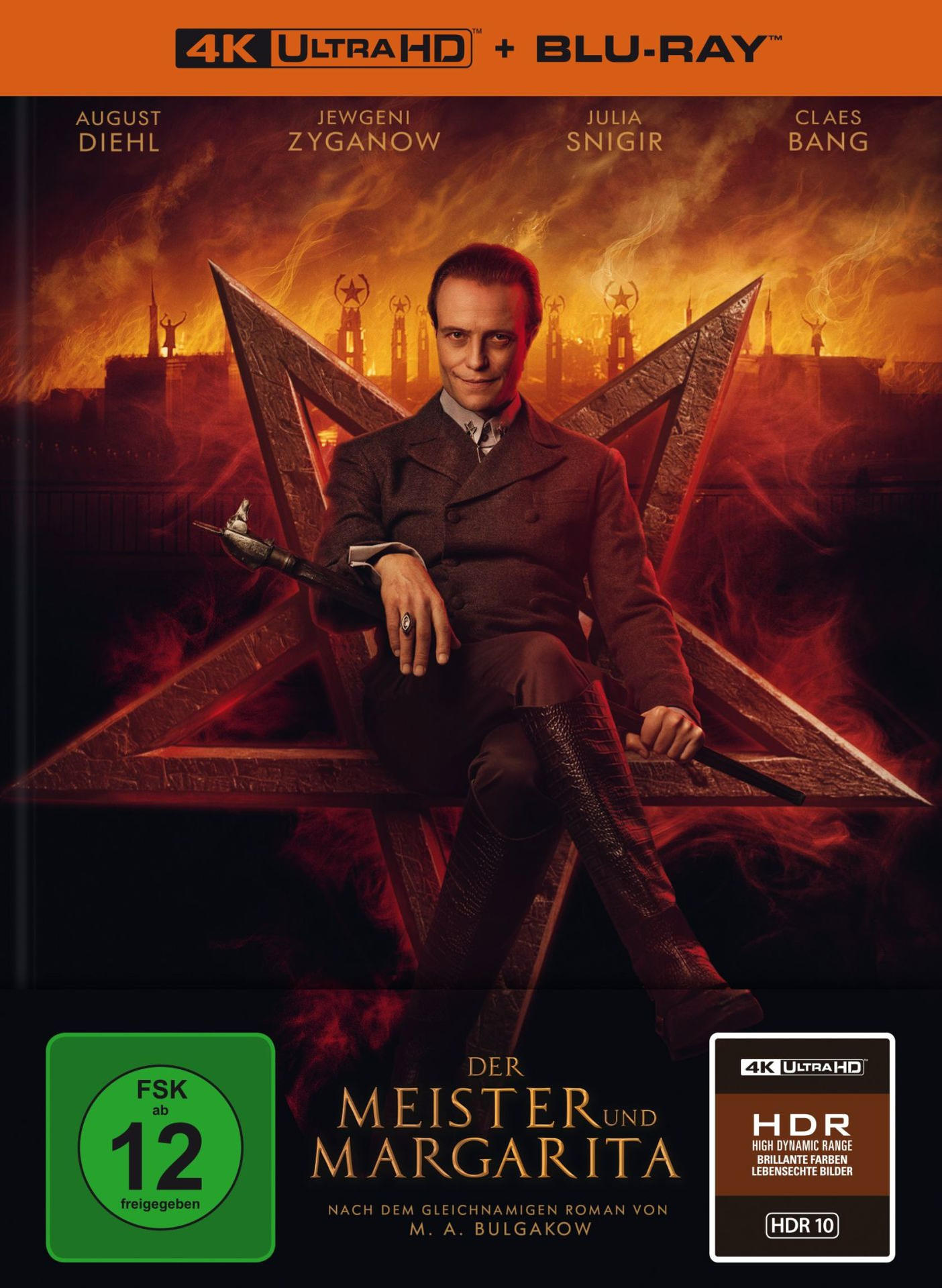 DVD-Cover von Der Meister und Margarita. Ein Mann sitzt auf einem Stuhl. Der Hintergrund ist eine rote höllische Szene.