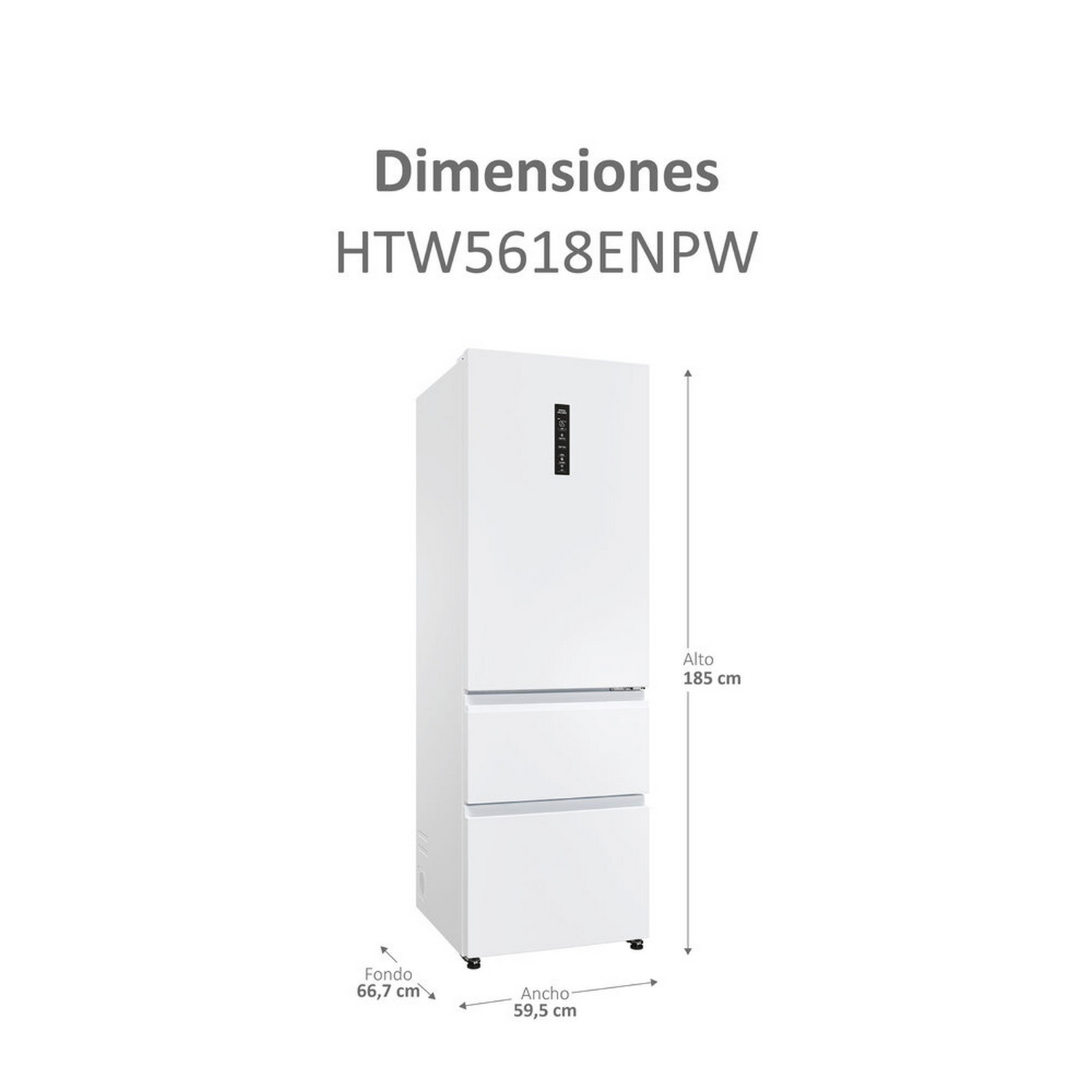 Refrigerador blanco con tres cajones. Se muestran las dimensiones: altura, ancho y profundidad.