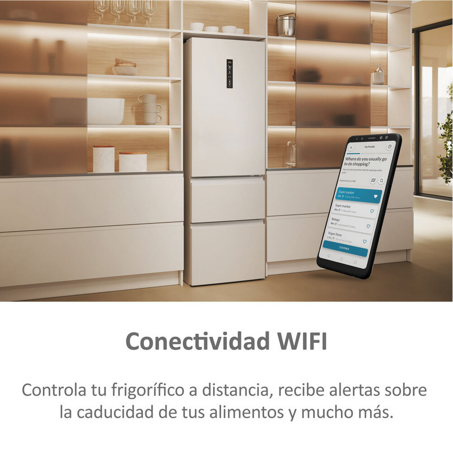 Nevera blanca con teléfono mostrando opciones de compra. Fondo: armarios con estantes.