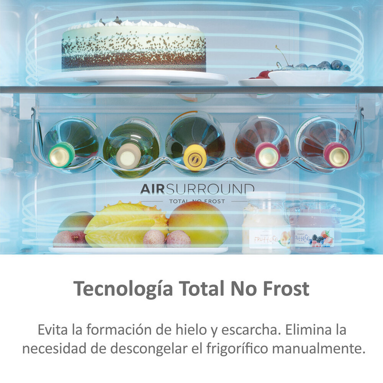 Interior de nevera. Estantes con pastel, botellas, frutas y frascos. Texto: Tecnología No Frost.