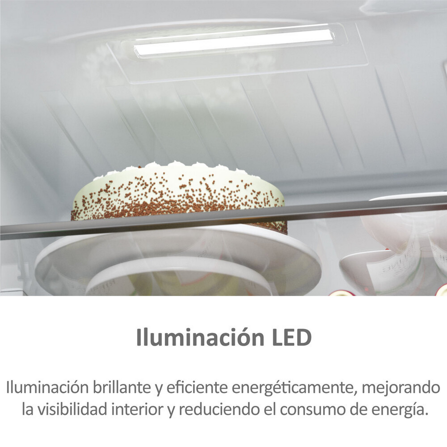 Dentro de un refrigerador con un pastel en un estante. Texto: Iluminación LED, brillante y eficiente energéticamente.