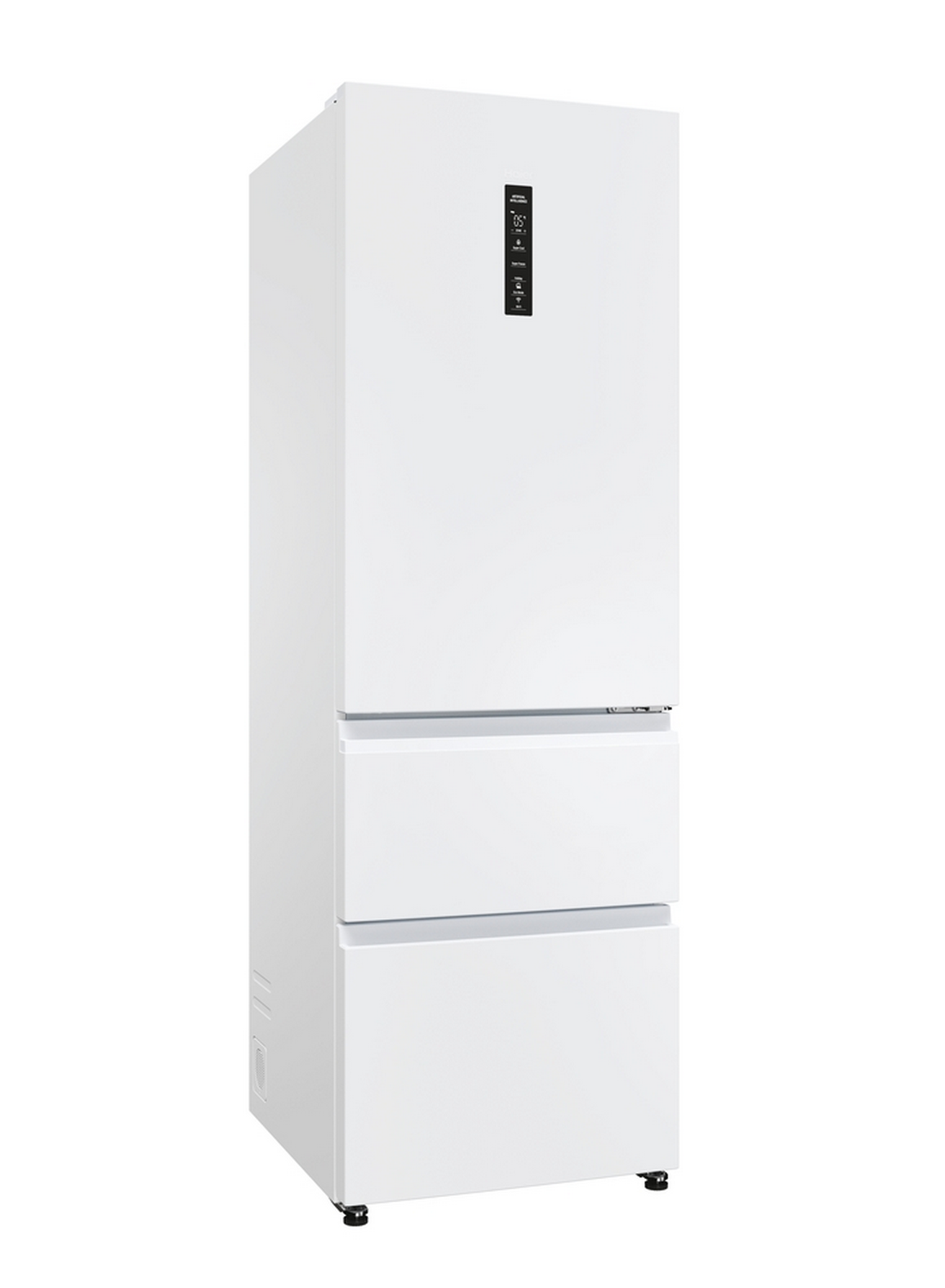 Un refrigerador blanco con dos cajones y un congelador, sobre un fondo blanco.