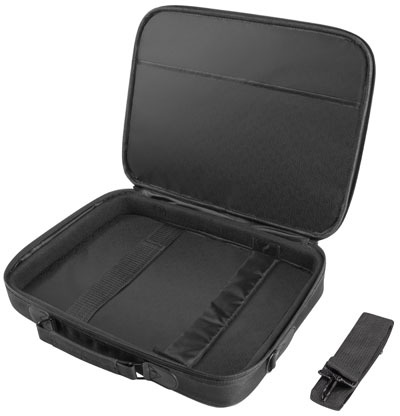 Egy fekete laptop tok nyitva van. A belső egy rekeszt és egy pántot mutat. Vállpánt jobbra.