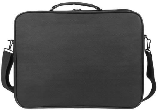 Fekete, téglalap alakú laptop táska fogantyúval és vállpánttal, fehér háttér előtt.